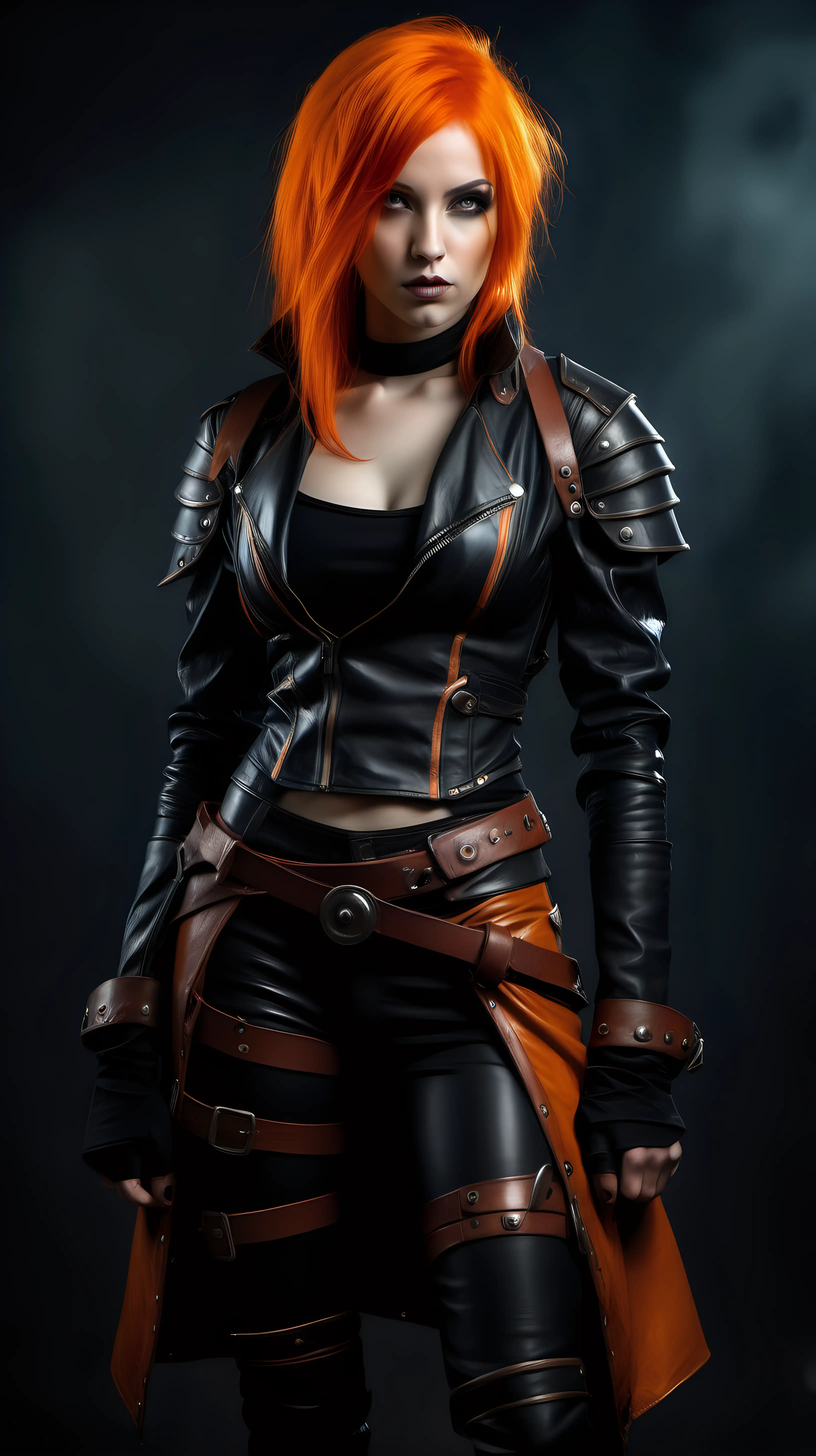 Strong petite rogue with orange hair and leather clothes, fantasy style