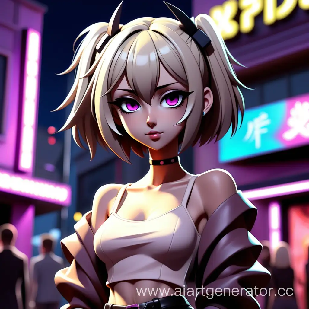 аниме девушка в модной одежде стоит у ночного клуба