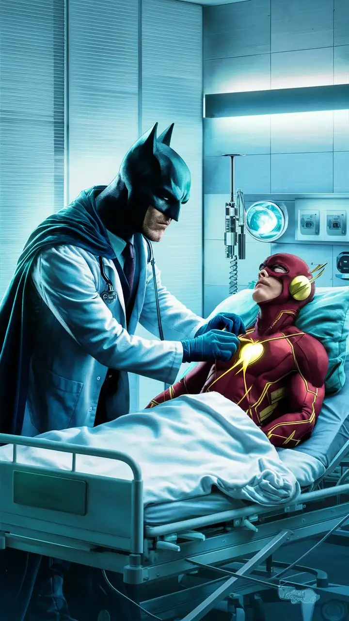 Superhero Doctor Batman Checking Sick Flashs Heartbeat in Hospital Scene