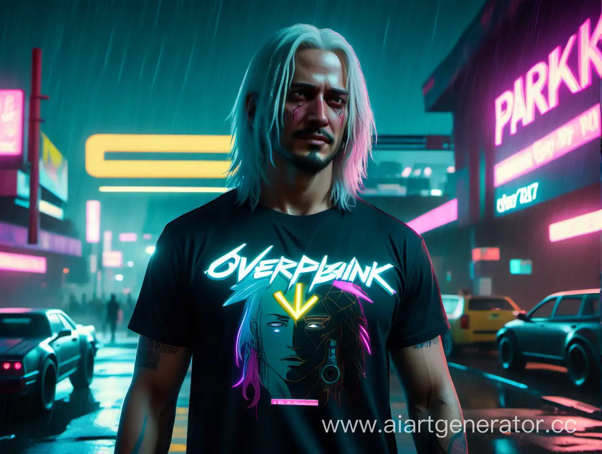 Johnny Silverhand teases a cute, gentle guy with fluffy white shoulder-length hair in an oversize T-shirt and short shorts, cyberpunk 2077, night, rain, parking, neon signs, lots of colorful neon, street, parking, lots of details, high detail, cinematic, dynamic light --ar 16:9