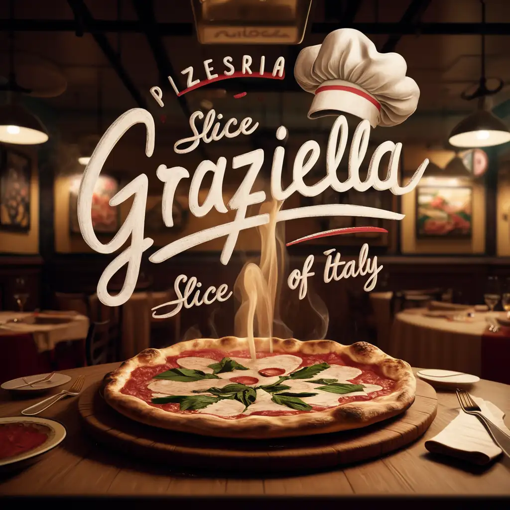 Handwriting Graziella Pizzeria logo mixed with Italian colors , Slogan Quote "Slice of Italy", Chef's Hat, Hot Margarita, Cozy restaurant atmosphere. Unreal engine