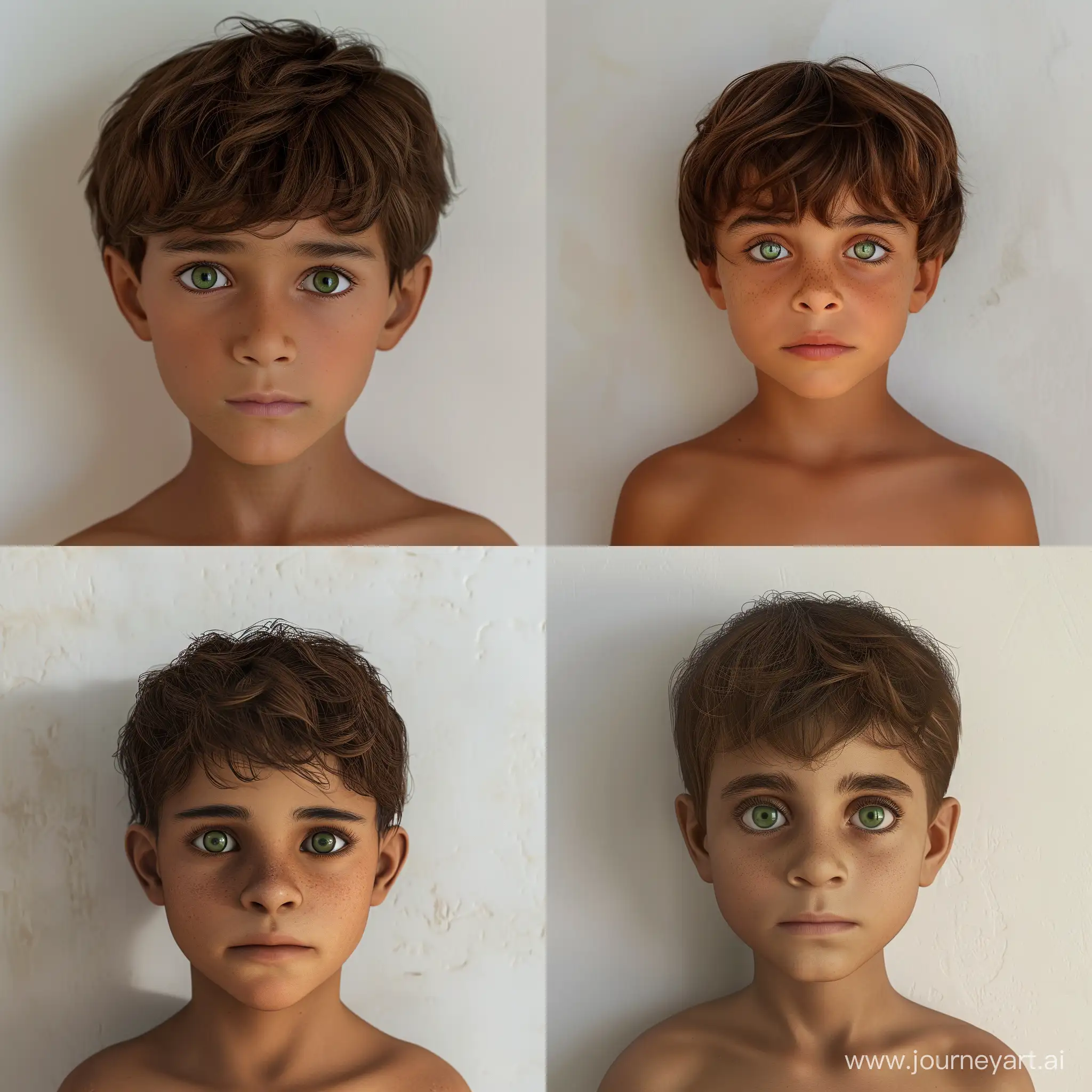 Camera image, photo realistic, full body of an Egyptian 8 year old child with a white wall background. The child has brown hair and green eyes.
