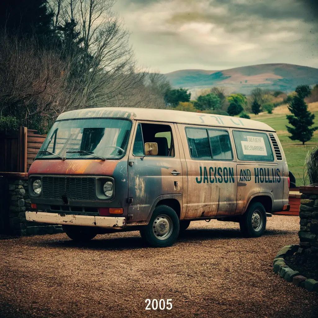 a 2005 photo of a beat up tour van parked in a gravel driveway with the words Jackson and Hollis painted on the side