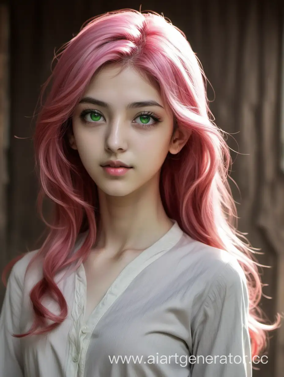 girl, long hair, chrome-green eyes, pointed nose, elegant, slender, small mouth, Persian pink hair, wavy hair, medium height, slender figure, thin hands, clarity, detail, young, modest, realism, full height, in rustic clothes