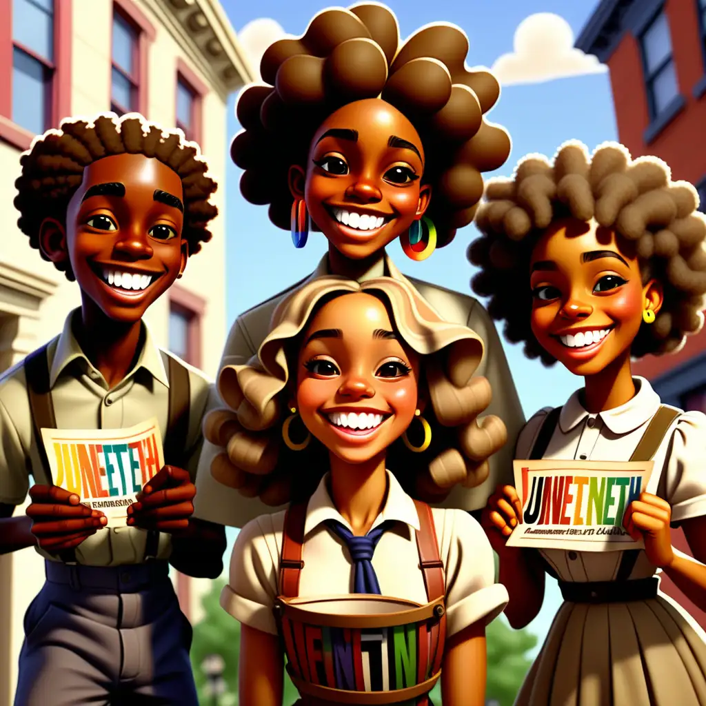 1900s cartoon light-skinned African Americans teens with a colorful "Juneteenth" sign grinning