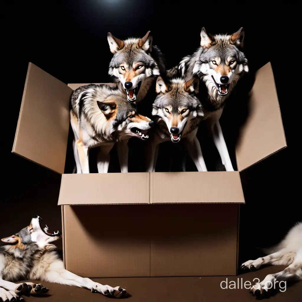 wolves surrounding outside an open box tearing it apart