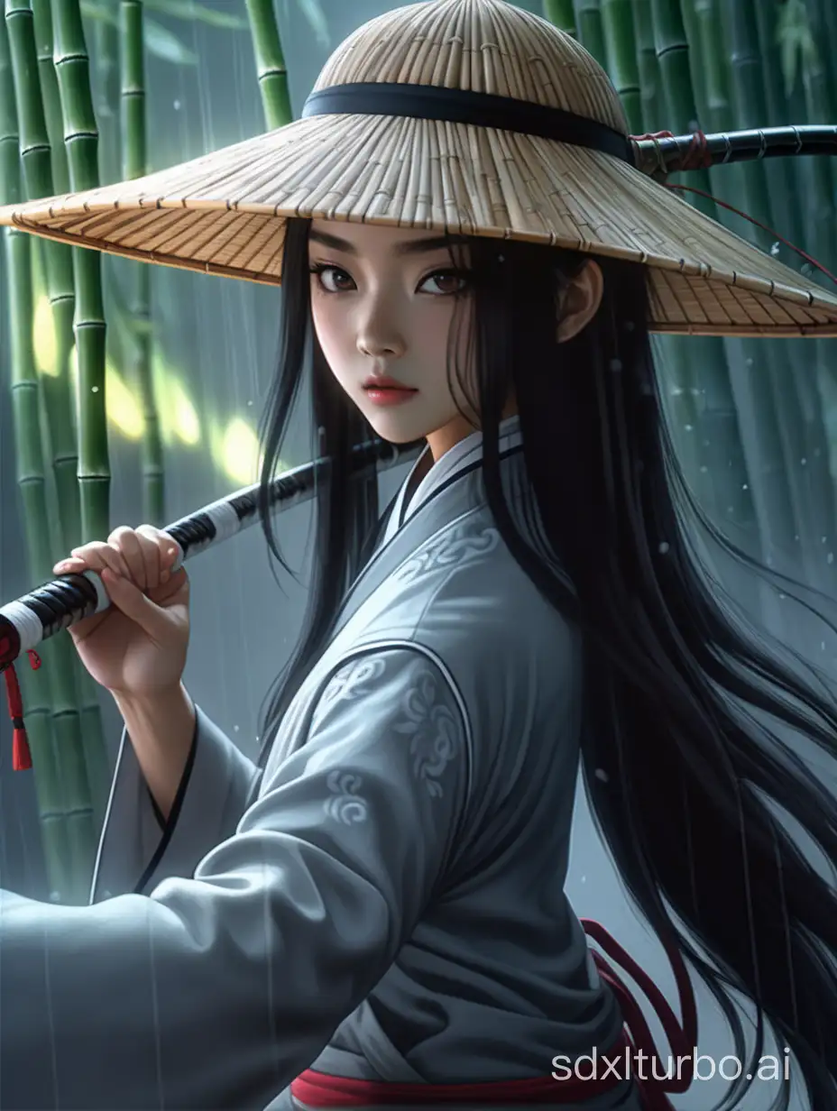 4K, a Chinese beauty with bright eyes, perfect figure, flowing black long hair, dressed in martial arts attire, wearing a bamboo hat, wielding a sharp sword, shining with cold light, misty rain, ink style, medium to close shots, movie scenes, master works