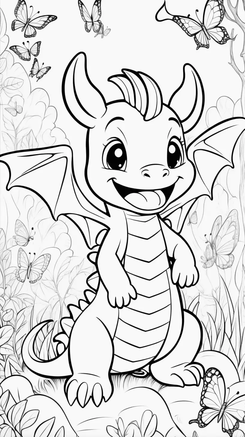 CUTE HAPPY BABY DRAGON LEAVING IN A MAGICAL LAND SURROUNDED BY BUTTERFLIES FOR COLORING