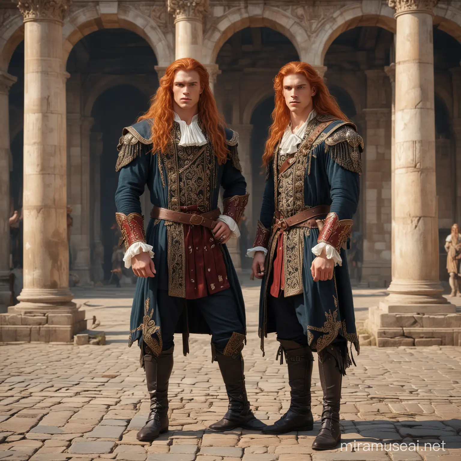 RedHaired Twin Brothers in Renaissance Aristocratic Attire Against Ancient Wealthy City Backdrop