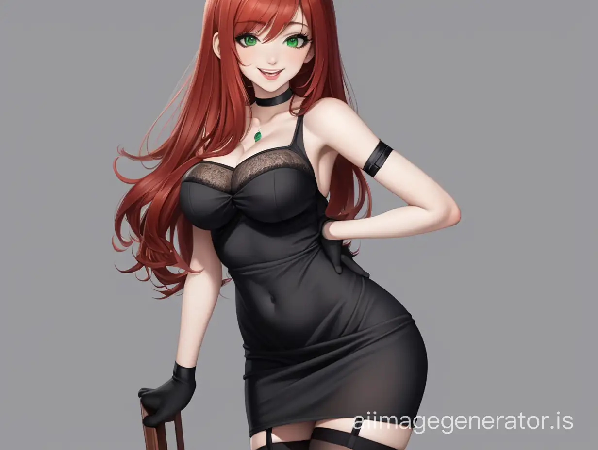 red-haired long-haired girl, smiling, big lips, big green eyes, black loose short dress, black stockings, long legs, slim waist, big hips, big butt, big breasts, standing leaning, sexy