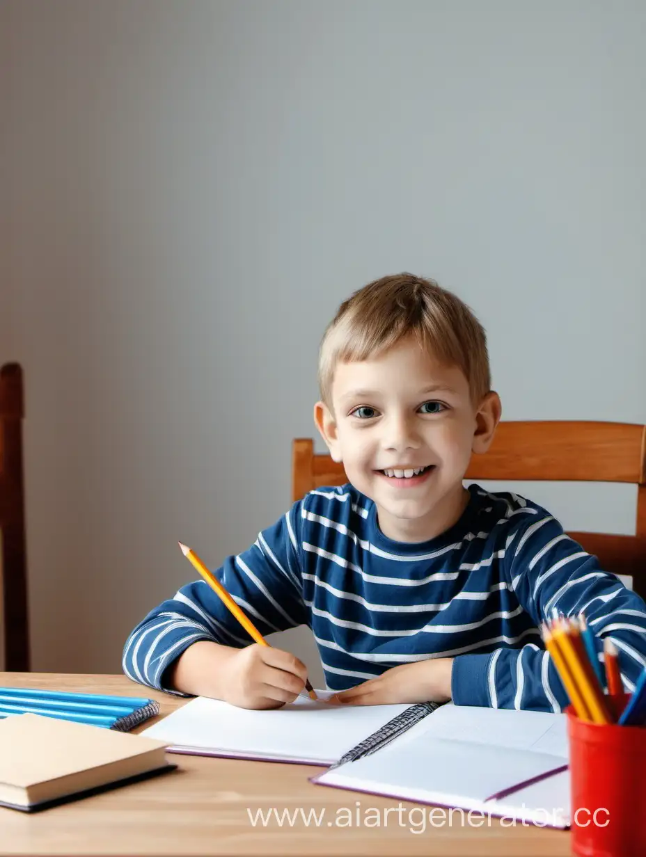счастливый семилетний ребенок сидит за столом и делает уроки, на столе лежат карандаши и тетради