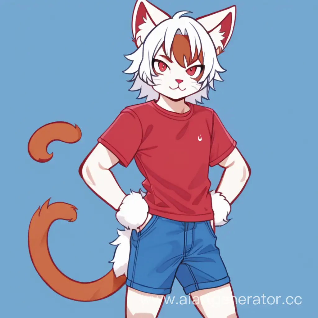 I'm a catboy guy with white fur covering my entire body, cat tail and ears, red cat eyes, my build is weak, I'm short. I'm wearing a red T-shirt and blue shorts.