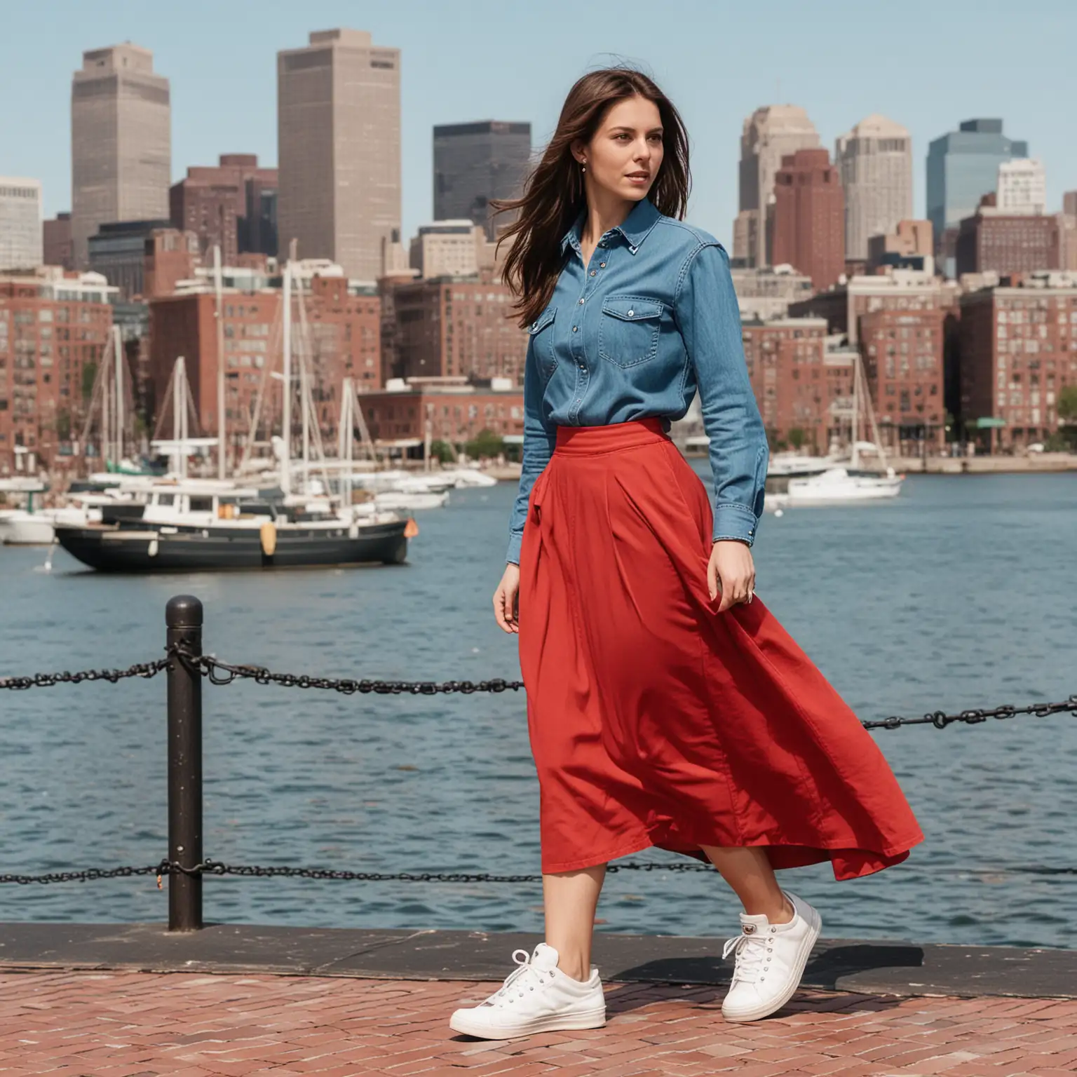 Woman Wearing Denim Shirt and Red Long Skirt in Boston