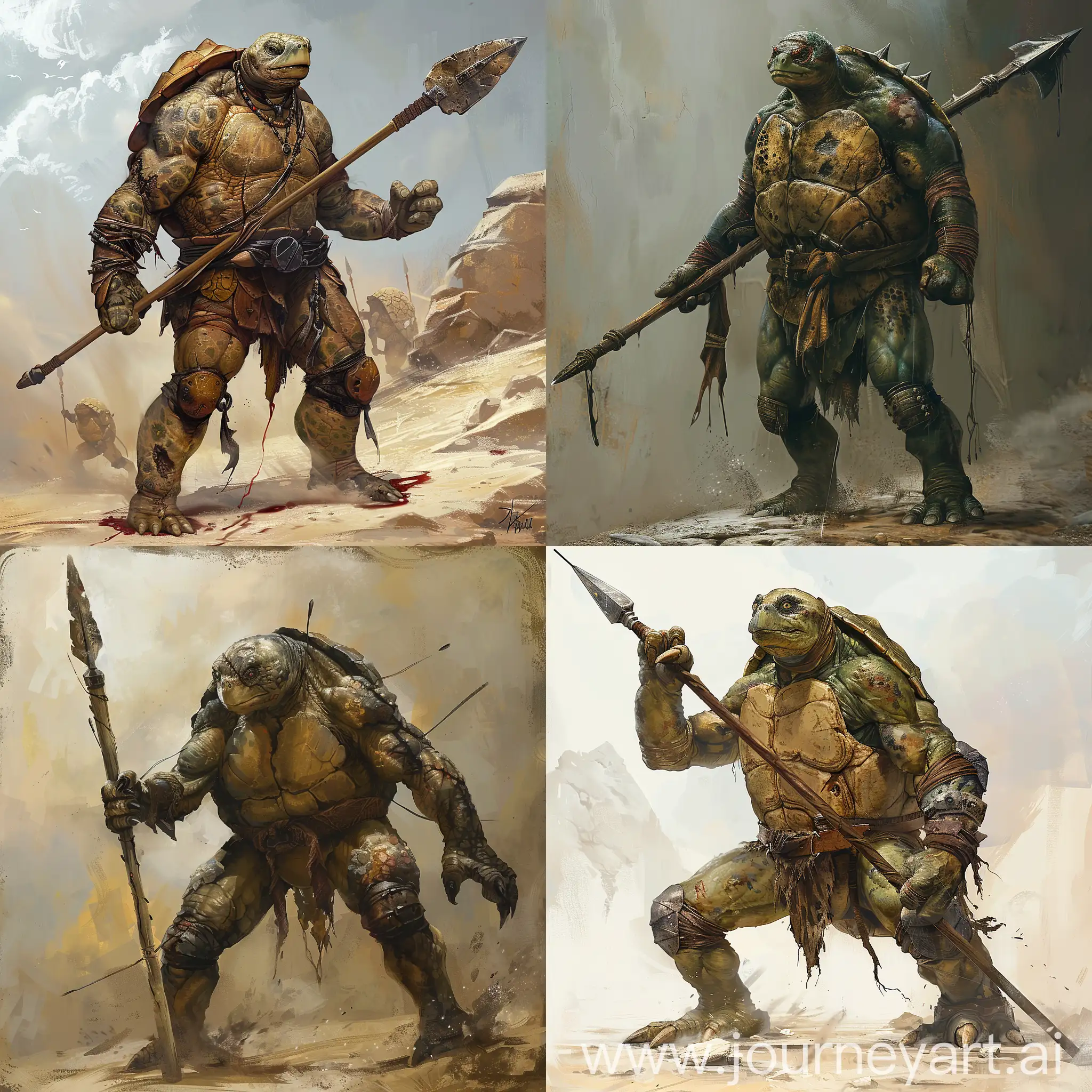 a  humanoid turtle, who is a barbarian, using a giant spear, he has multiple scar, expert warrior,