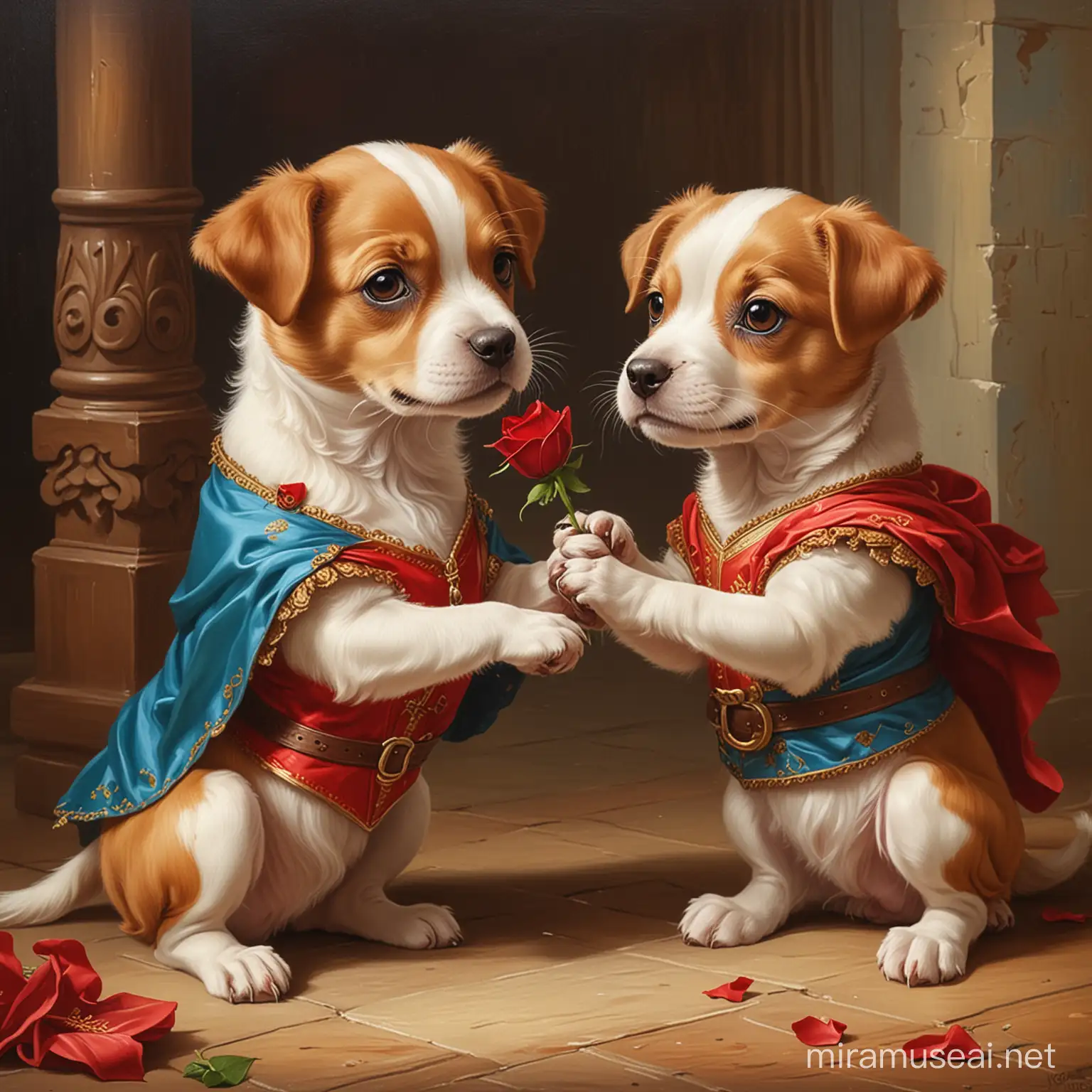 oil painting vintage cartoon puppies play the roles of Romeo and Juliet.