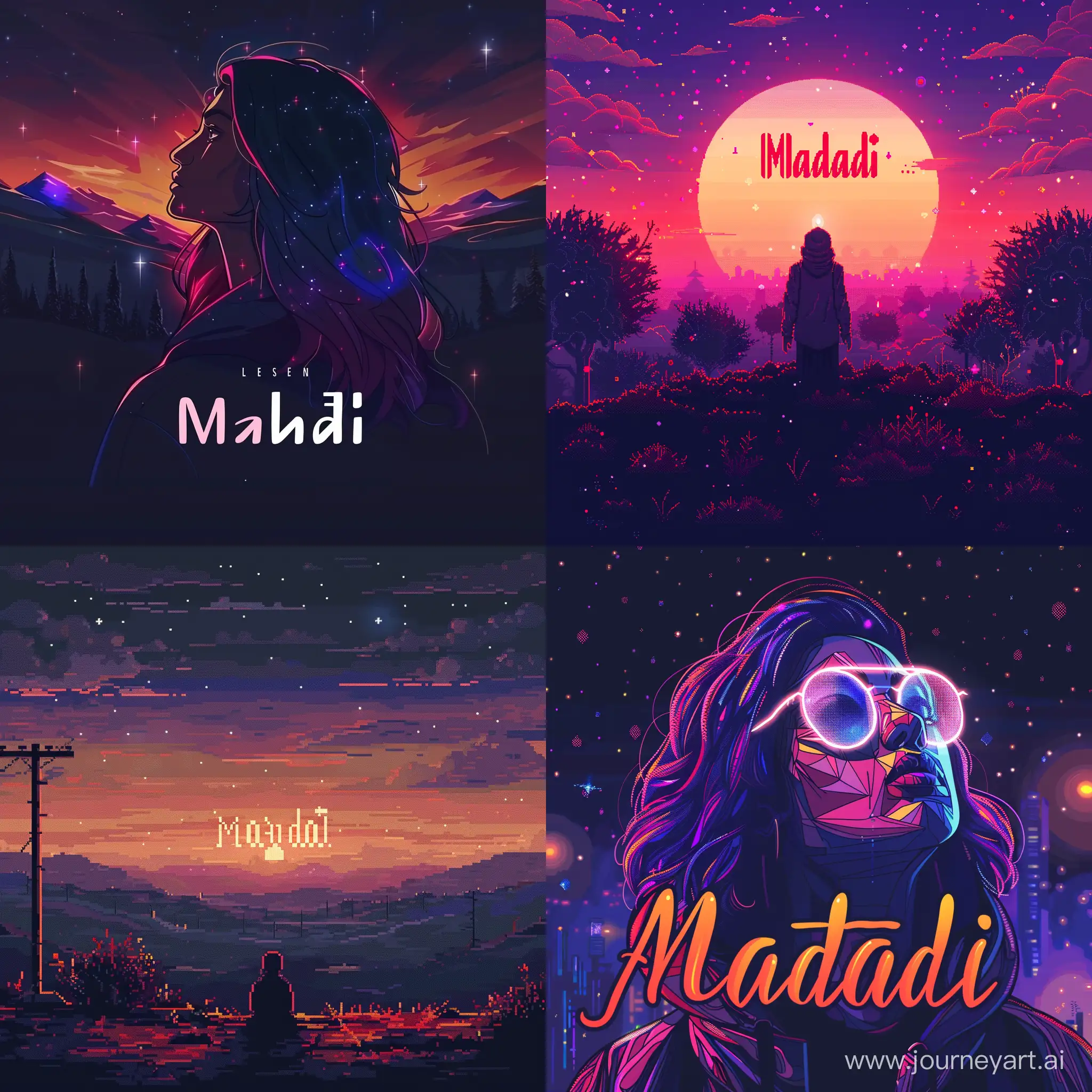 Create a profile photo with Dreamy Background low brightness and with low noises with text "Mahdi" in a pixel font