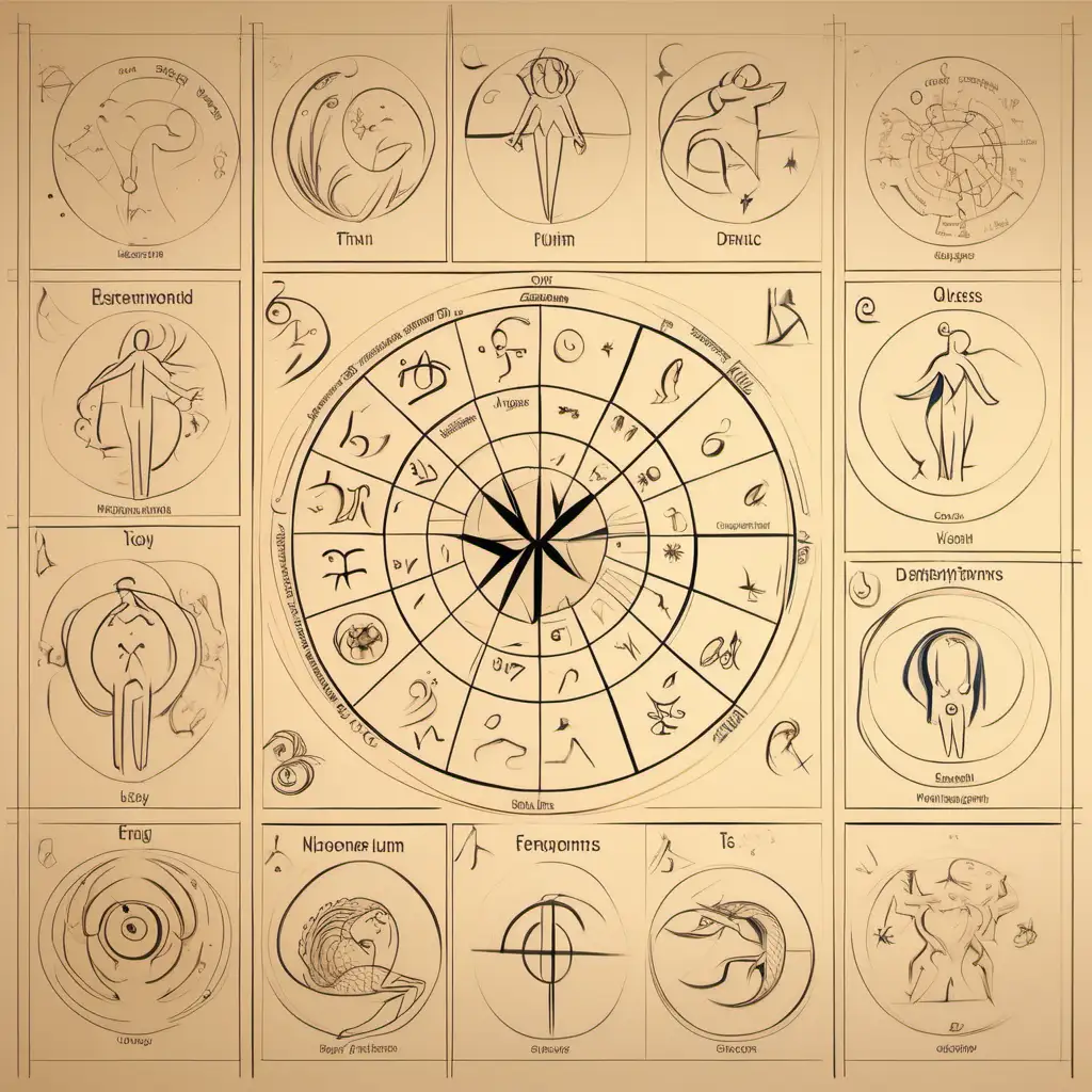 Zodiac signs, descriptions, on beige page, drawn with  loose lines, placed each sign in a square