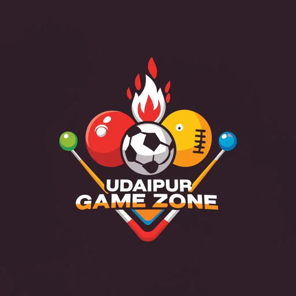 a logo design,with the text "Udaipur Game Zone", main symbol:Snooker, fireball, bowling, football,Moderate,be used in Entertainment industry,clear background