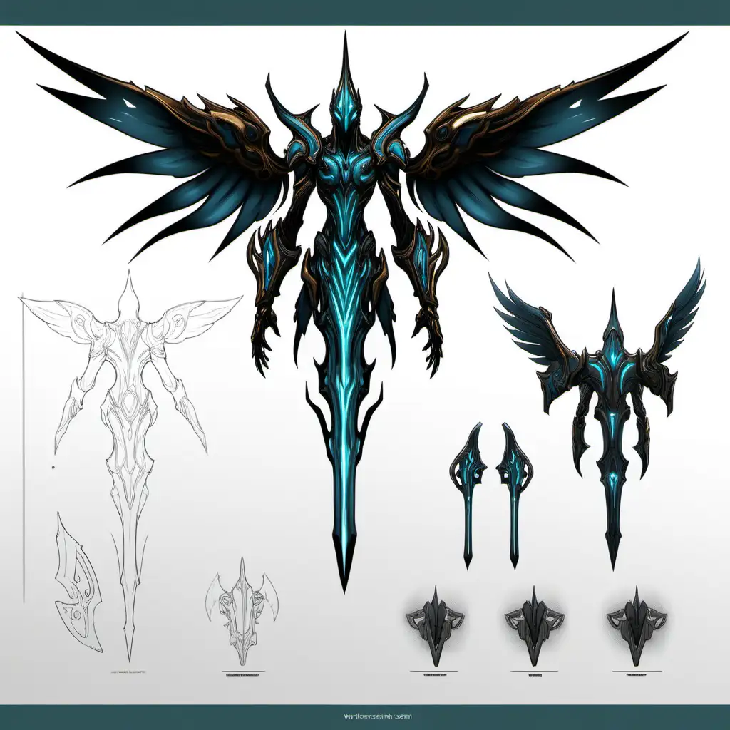 weapon design sheet, of a warframe sentient style concept art lost epoch

2 handed greatsword like guts from berserk warframe style

 with a biomechanical wings on the crossguard in the style of warframe concept art and sketch, character concept line art, --chaos 0
