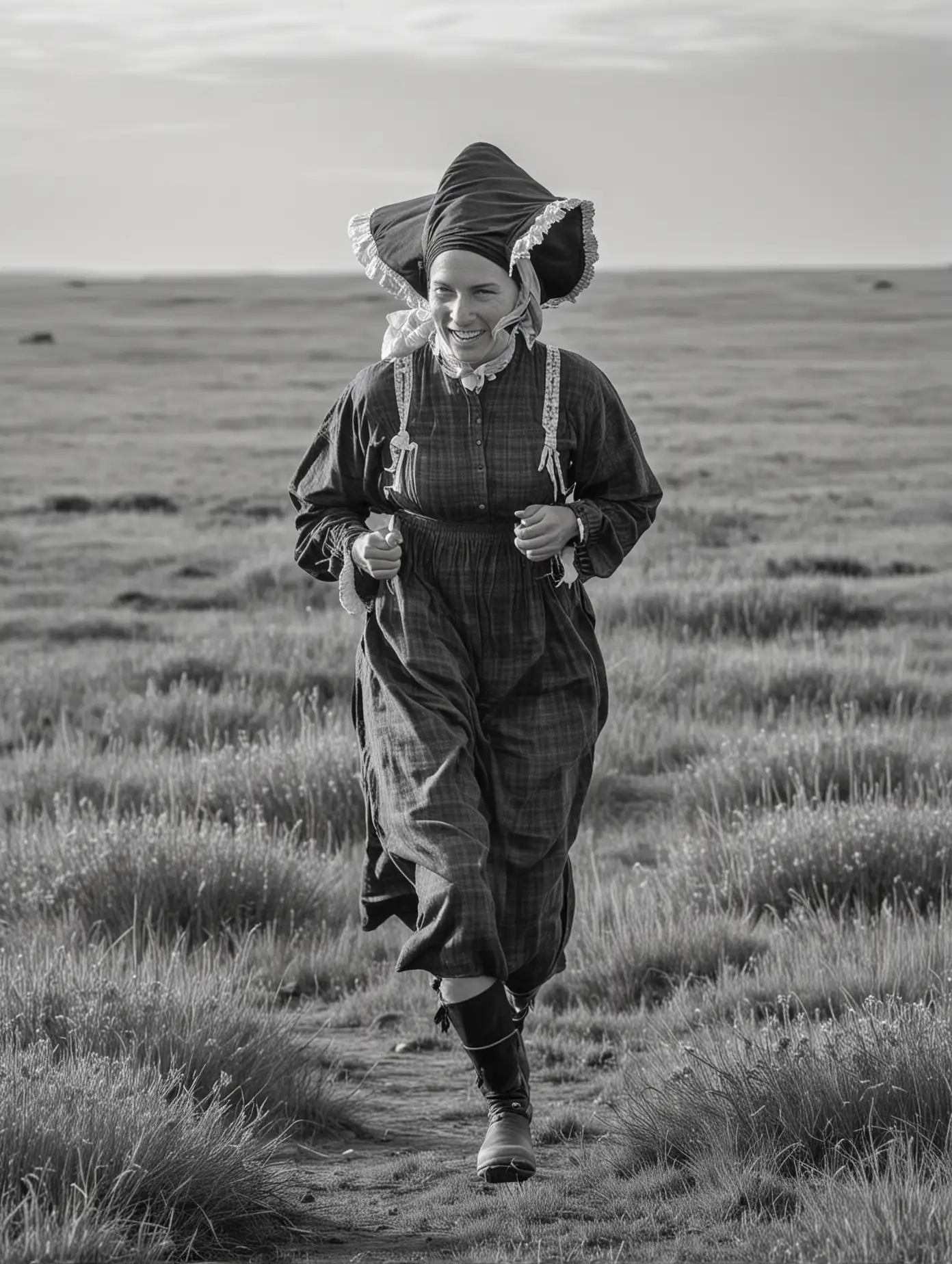 Pioneer Woman Running through Prairie with Buffalo in Black and White