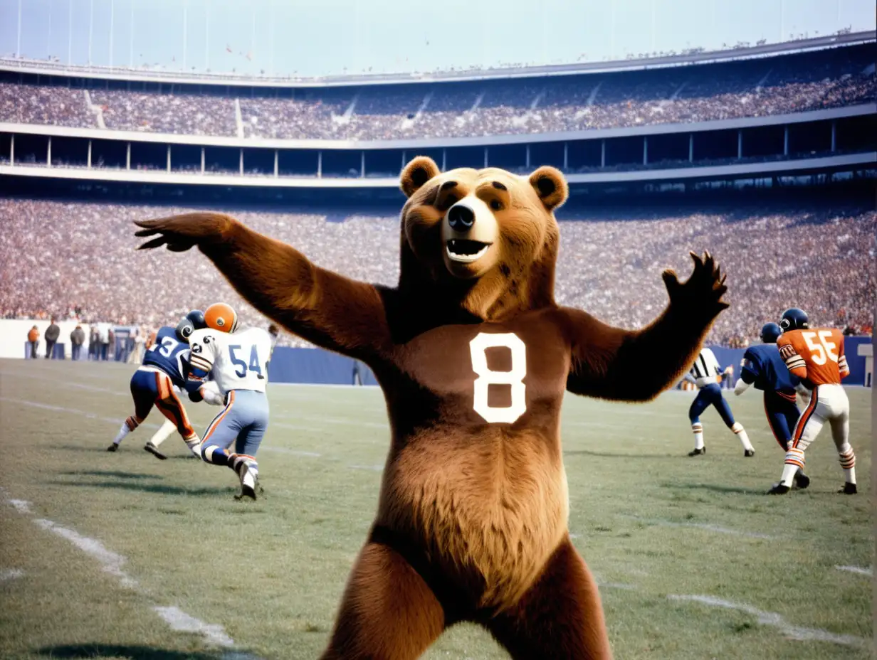 Yogi the Bear is throwing the football to Walter Payton in Soldier Field 1985
