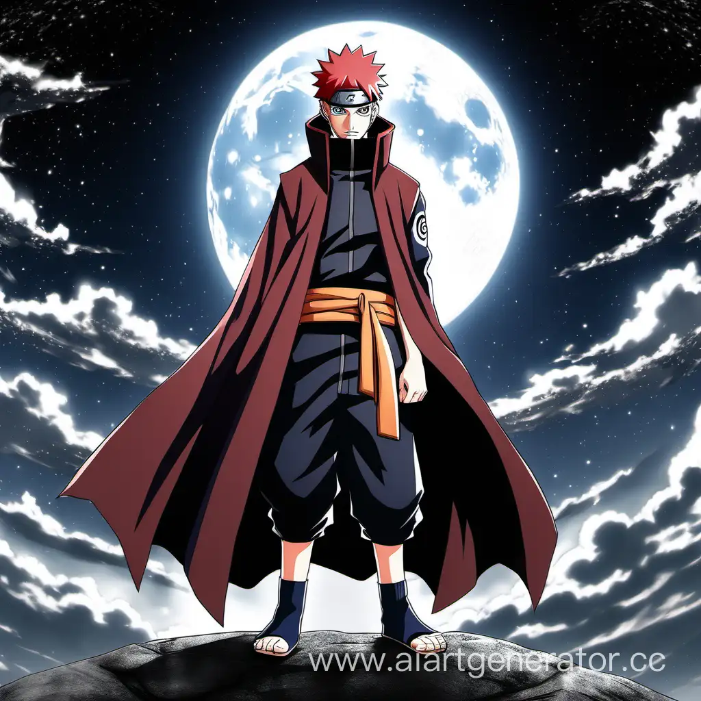 Наруто с красными волосами, одетый в темный плащ и стоящего на фоне луны