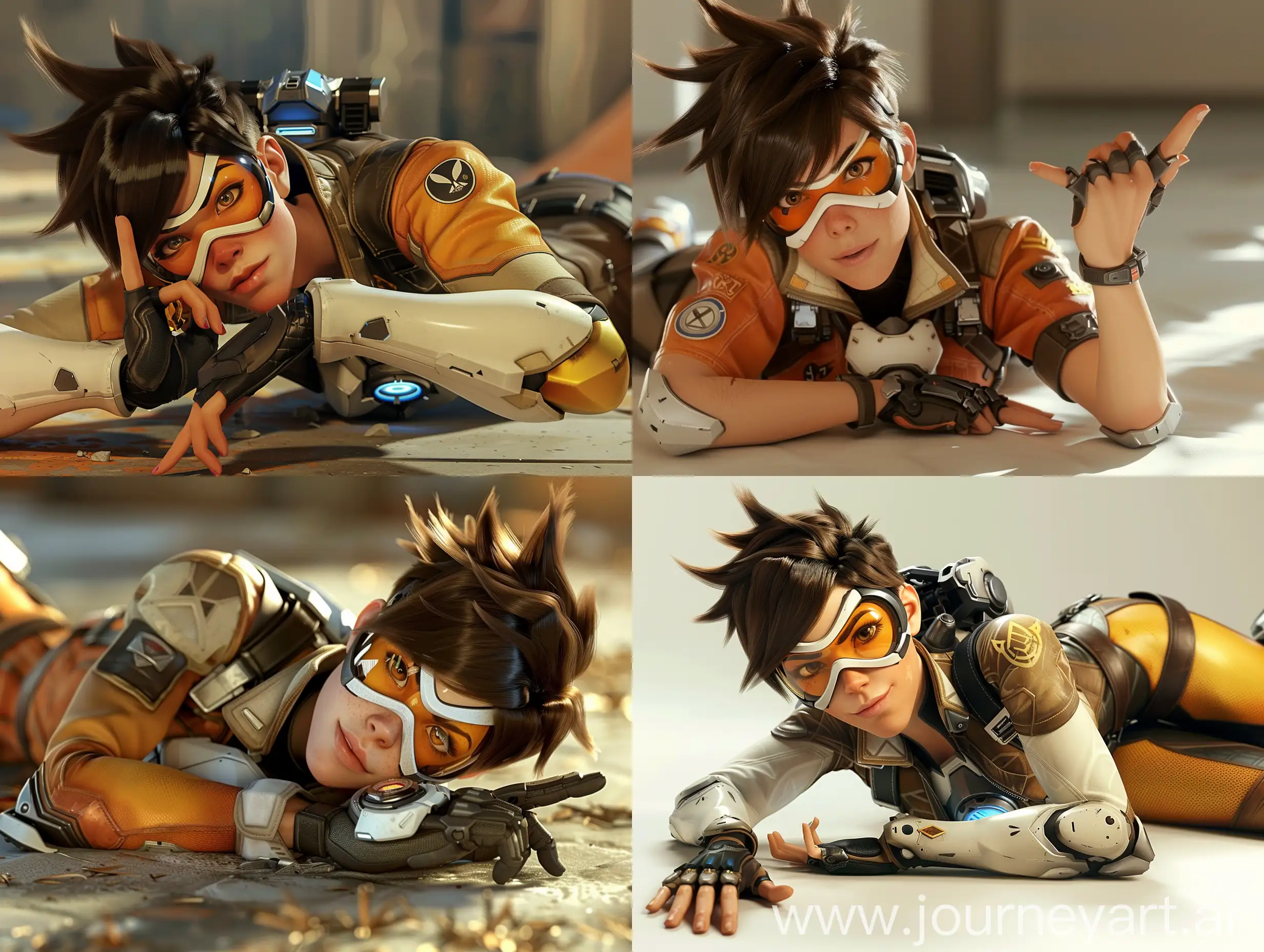 photorealistic cinematic, tracer from overwatch lying on its side and beckoning with a finger