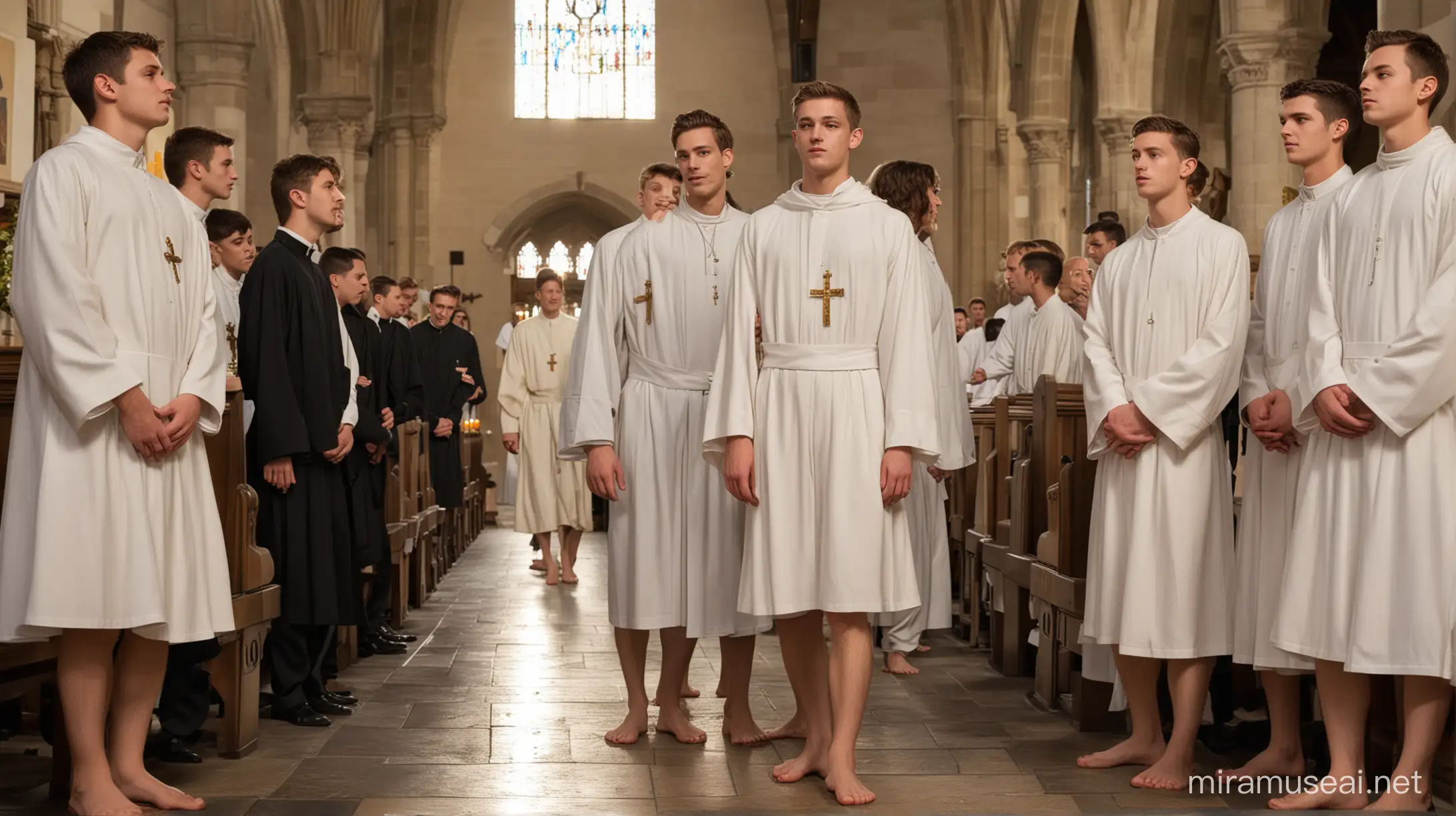 Sensual Young Men Receiving Communion from Priest in Church