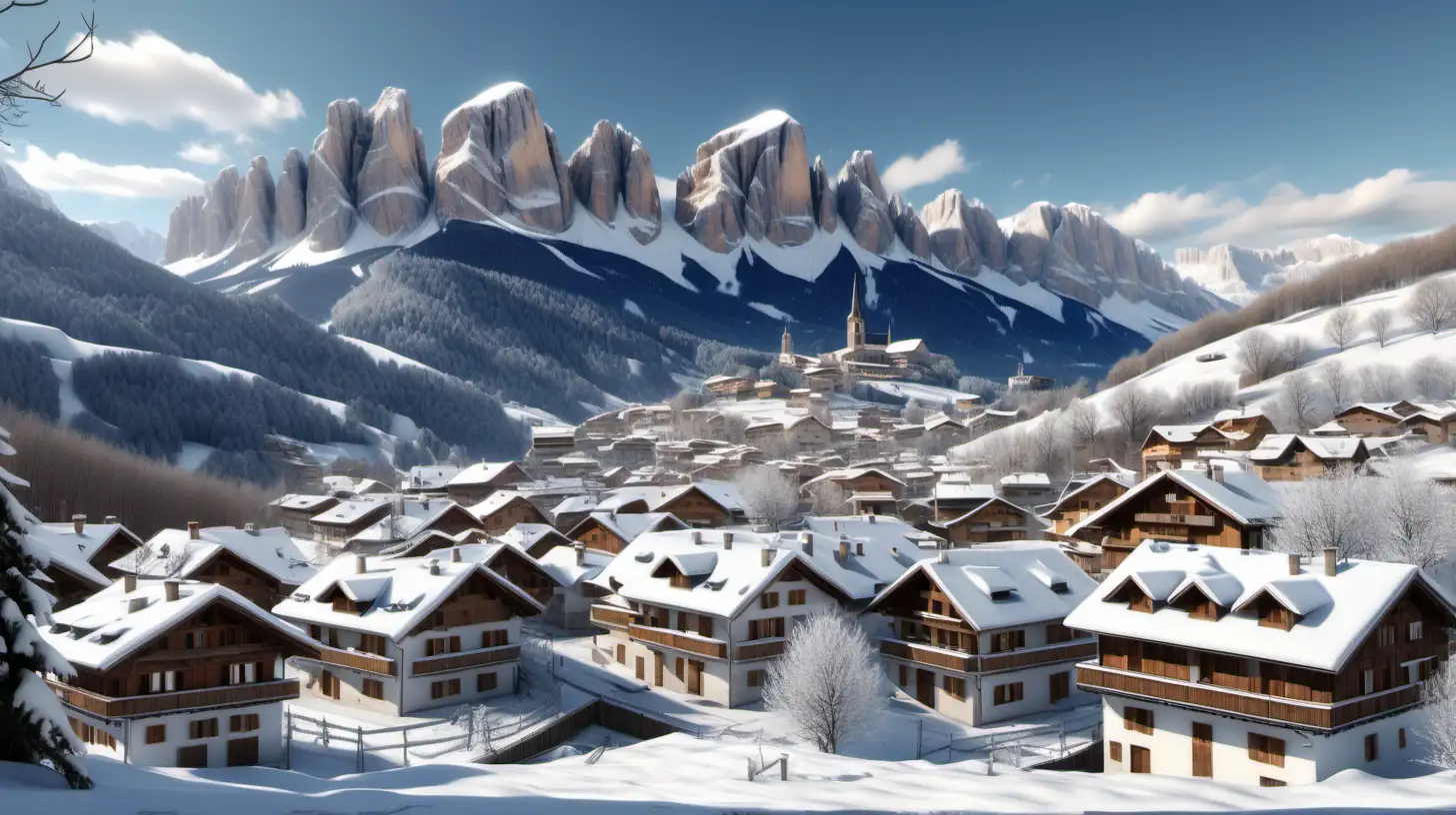 Serene Winter Village Scene SnowCovered Roofs and Dolomites