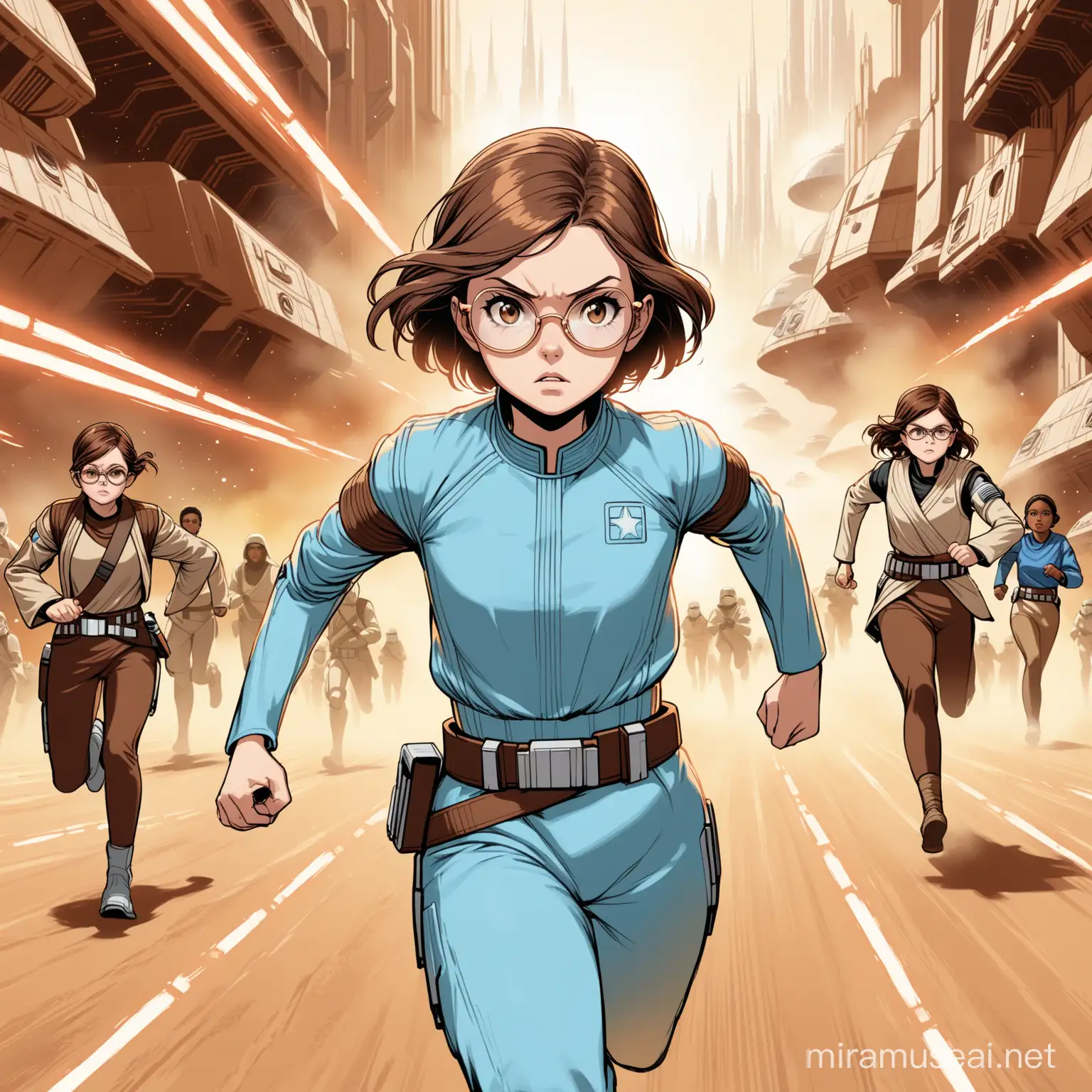Determined 12YearOld Girl in Rose Gold Glasses Running Through Coruscant
