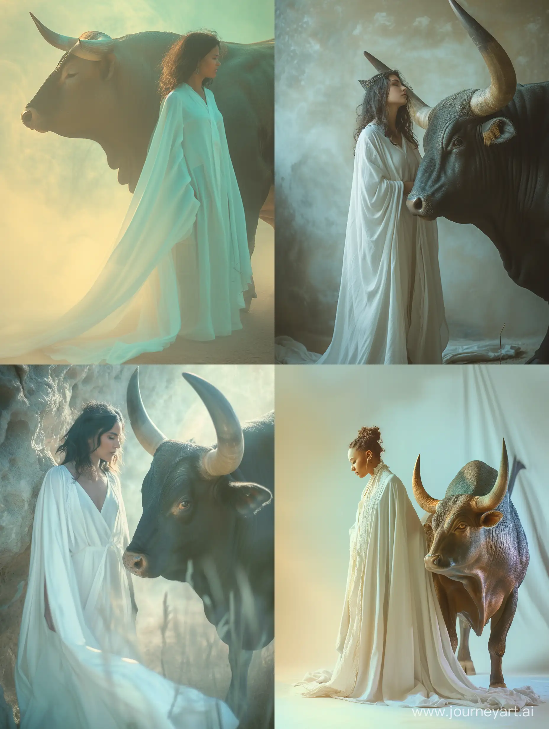 /quick image: A fascinating photograph of a woman dressed in a white robe, standing next to a divine horned bull. The woman is captured in a full-length photograph, with her flowing robe creating a sense of movement and grace. The bull is shown in profile, with its majestic horns and muscles creating a feeling of power and divinity. The colors are muted and dreamlike, with low saturation adding to the ethereal, otherworldly atmosphere of the photograph. The lighting is soft and diffuse, with a soft glow that illuminates the woman's face and emphasizes her beauty and the divine nature of the bull. The background is blurred, with a shallow depth of field that creates a sense of depth and perspective. The composition is balanced, with the woman and the bull creating a harmonious and serene scene. The image has a mystical and spiritual quality, with the white robe and divine bull symbolizing purity and transcendence. It is perfect for those who appreciate the beauty and wonder of mythology and spirituality. 4K
