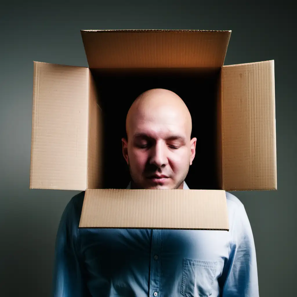 man with head in box







