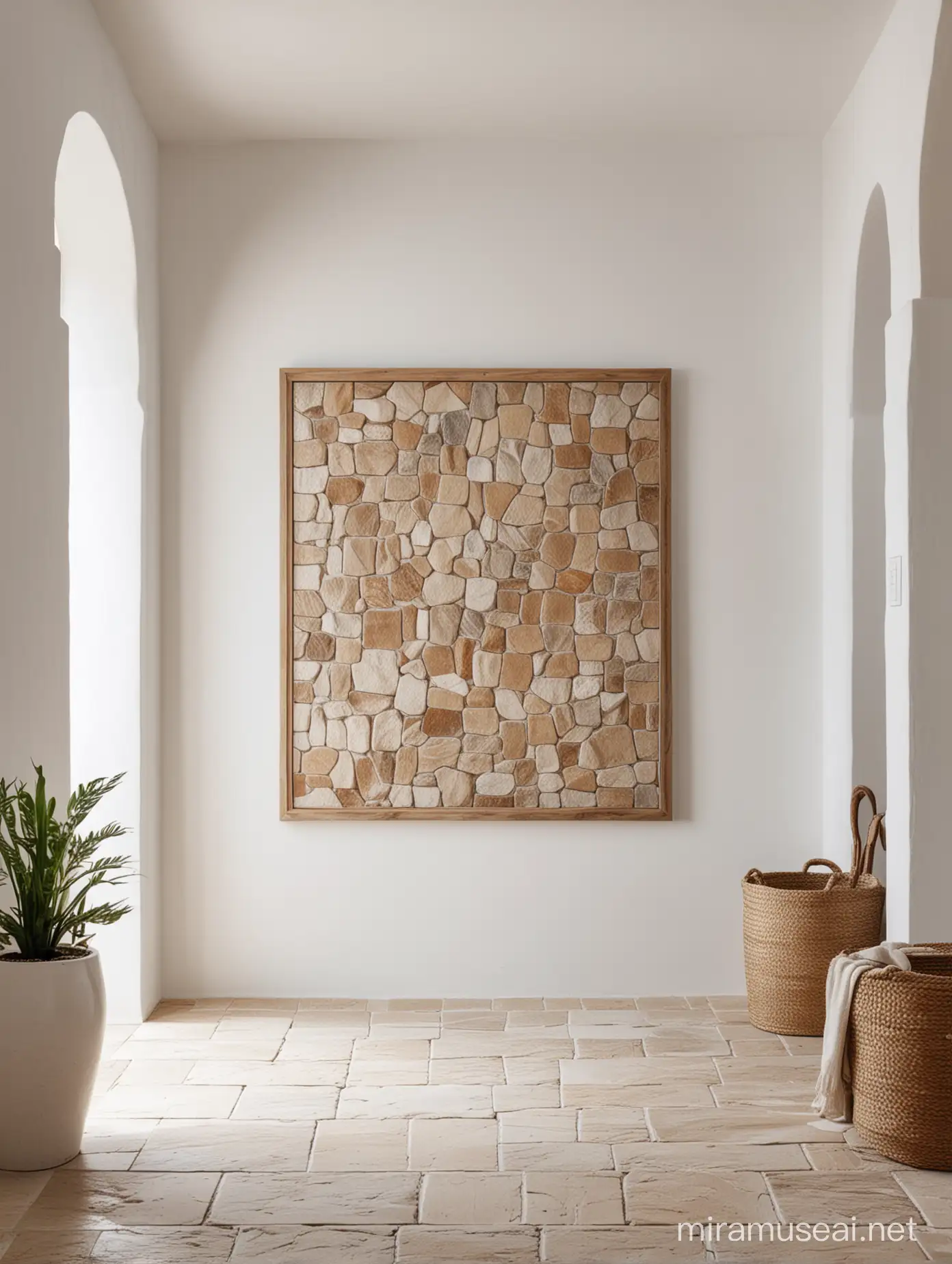 A square wooden framed canvas, on white wall, Mediterranean interior, stone floor