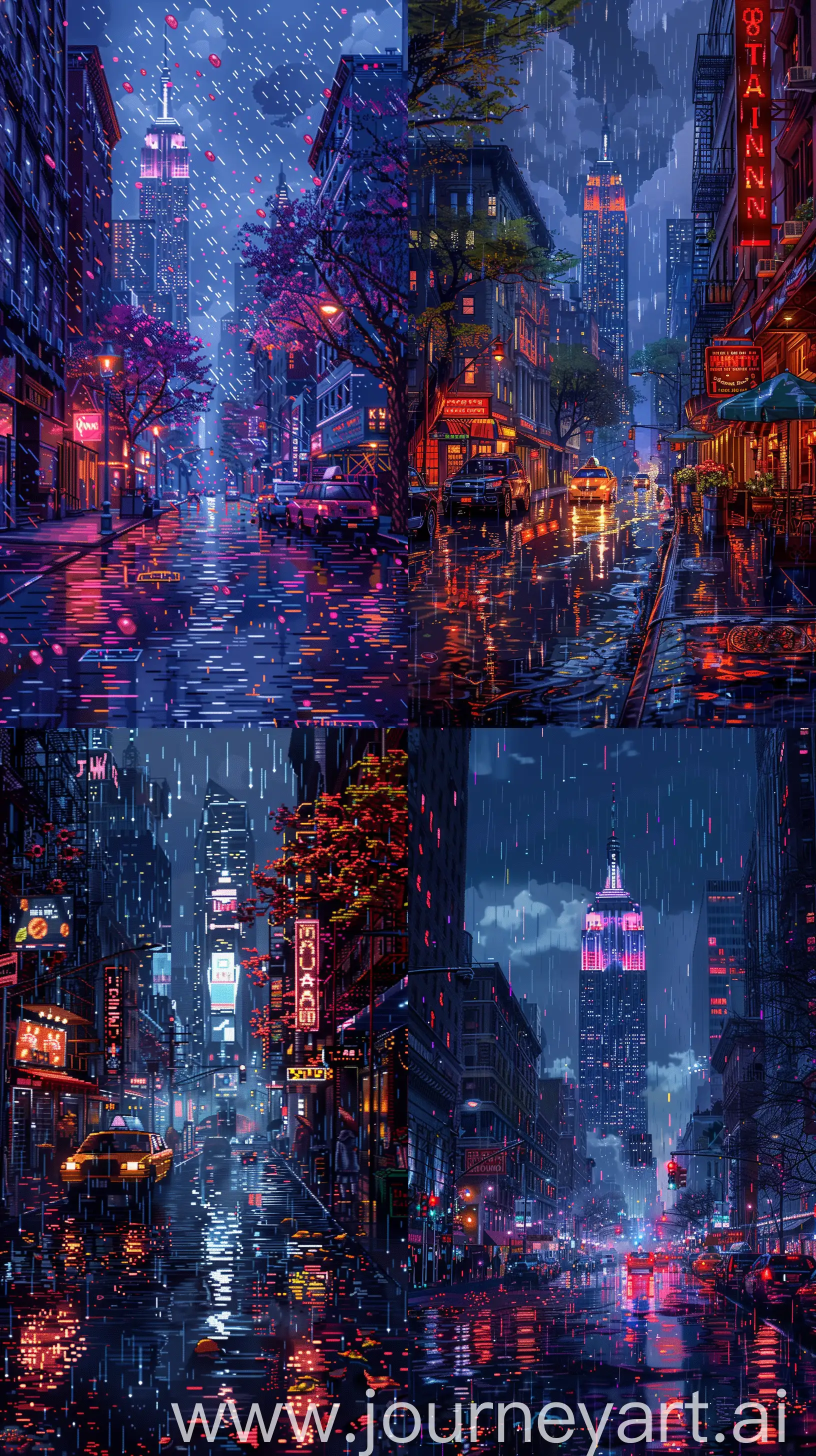 A Street in the New York City Viwe in 8-bit Pixel Art Style, The Rainy Night, Deep Mood, Dark Theme, Extremely Details --s 500 --ar 9:16