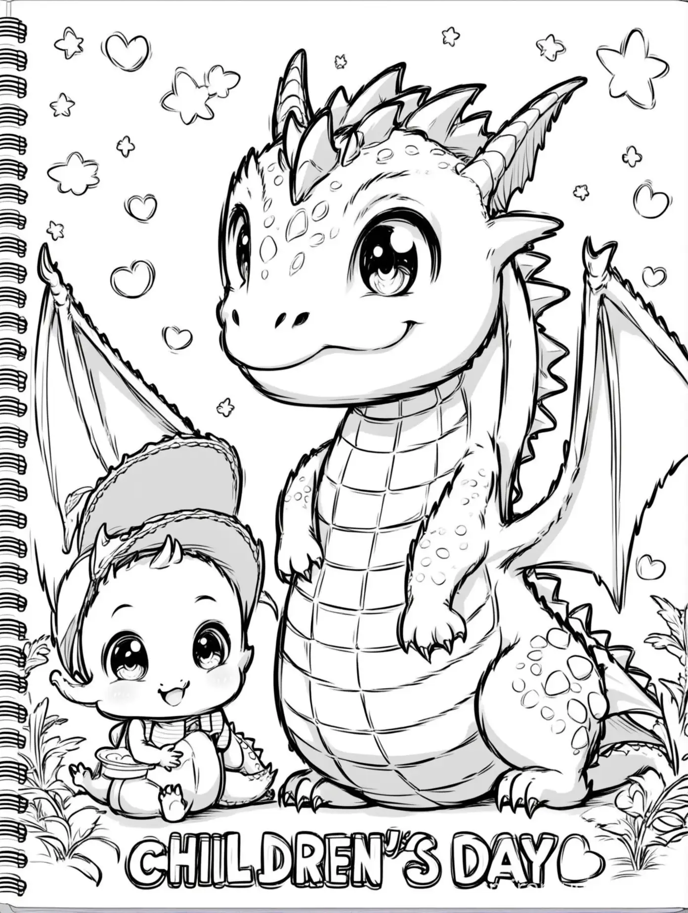 children's coloring book of cute baby dragon and its father, Father's Day theme, only black and white