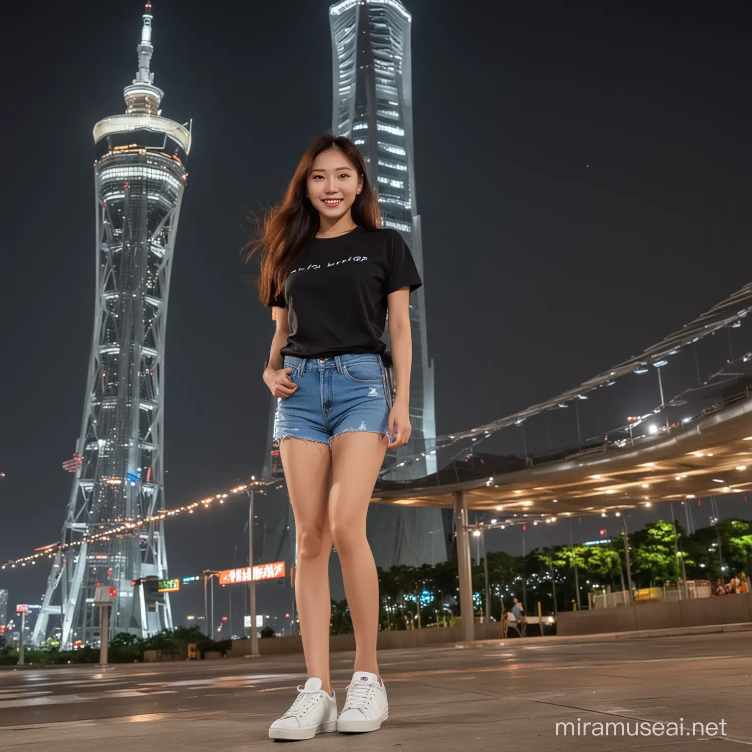 Wanita cantik Korea bersih rambut panjang gantung ,dengan memakai kaos hitam dan Levis dan sepatu snaker berwarna putih sedang berdiri  di bawah menara Taipei 101 Taiwan saat malam hari, gaya model fashion,wajah senyum,tercantik,wajah menghadap camera suasana romantis ultra HDR extreme gambar sempurna tidak cacat