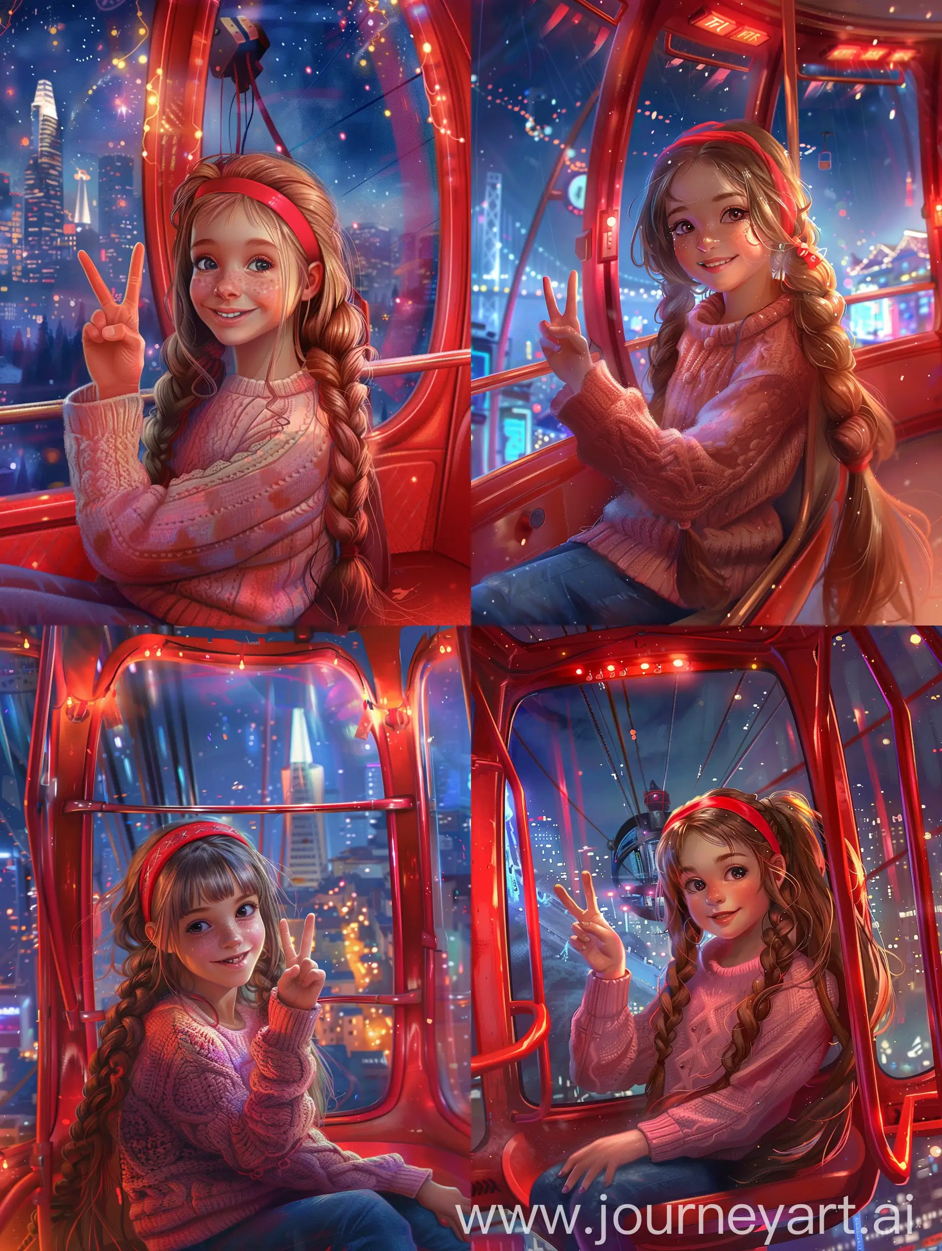 Create an image of a young girl with long, braided hair and a red hairband, wearing a pink sweater and sitting inside a brightly lit cable car. The interior should have red accents and large windows showcasing the night cityscape with twinkling lights in the background. The girl is making a peace sign with her hand, smiling, and appears to be enjoying a fun ride in the cable car