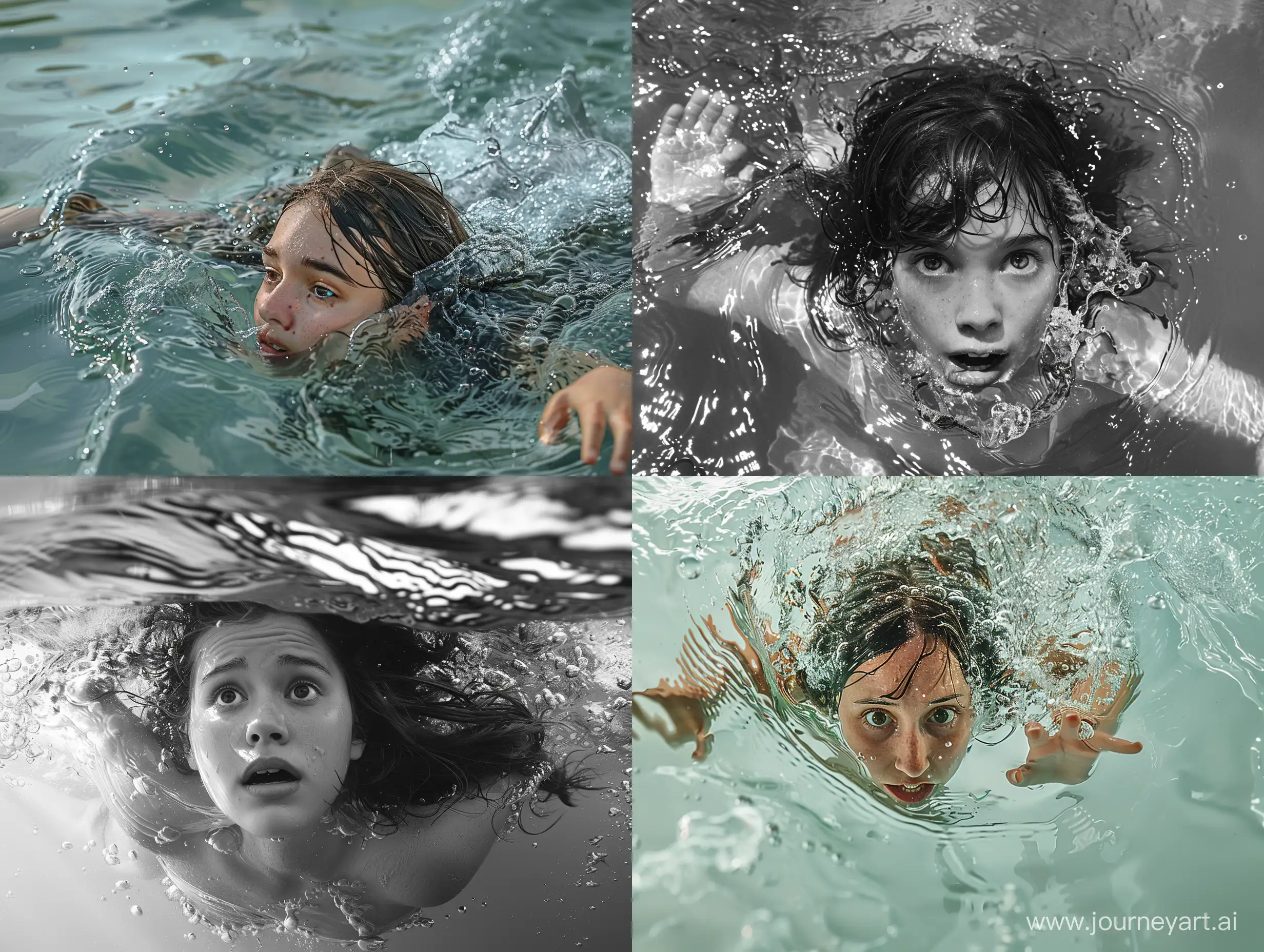 Realistic, personality: [Show the young woman's frantic swim towards the surface, struggling for air. Capture the desperation and urgency in her movements, as she pushes herself to escape the approaching threat. The water should be depicted as murky and disorienting, reflecting her fear and the imminent danger