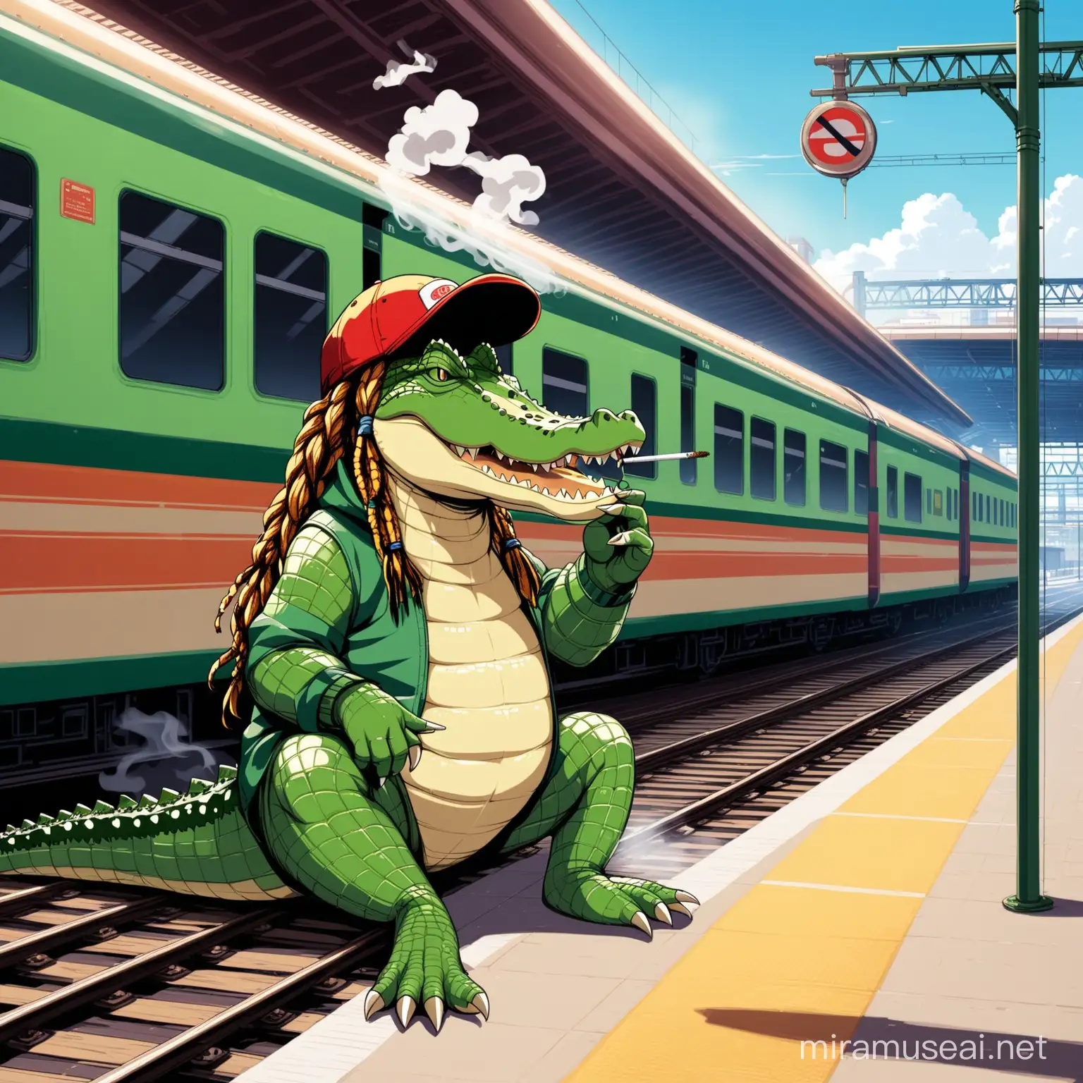 un crocodile avec des dreadlocks et une casquette et fume un joint devant une gare