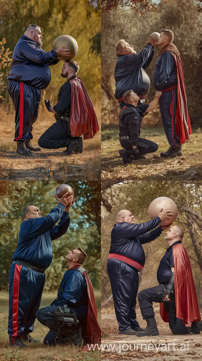 Elderly-Gentleman-Playfully-Balancing-Ball-on-Kneeling-Companions-Head