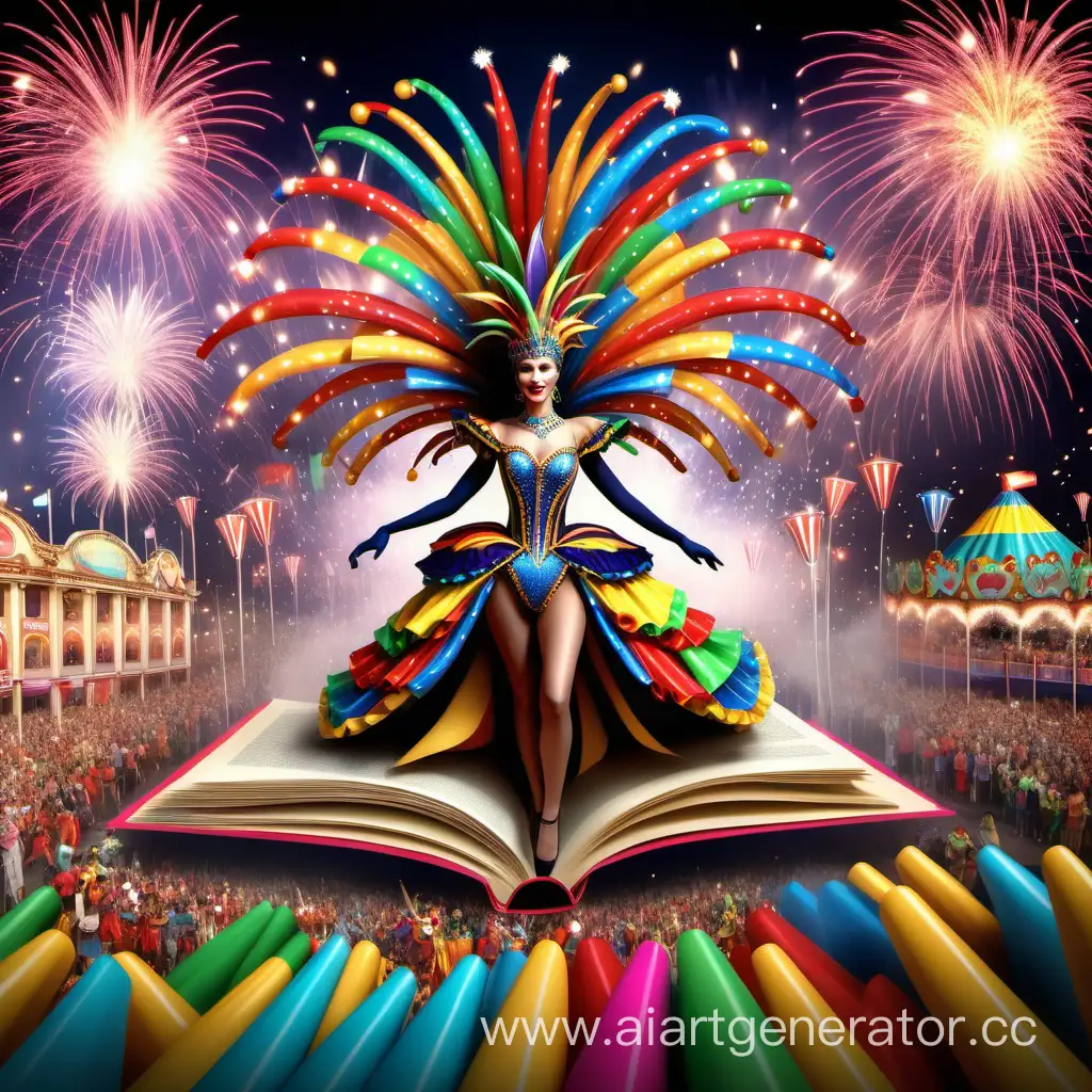 карнавал с разноцветными костюмами, вокруг танцующие пажи, феерверки в центре королева бала