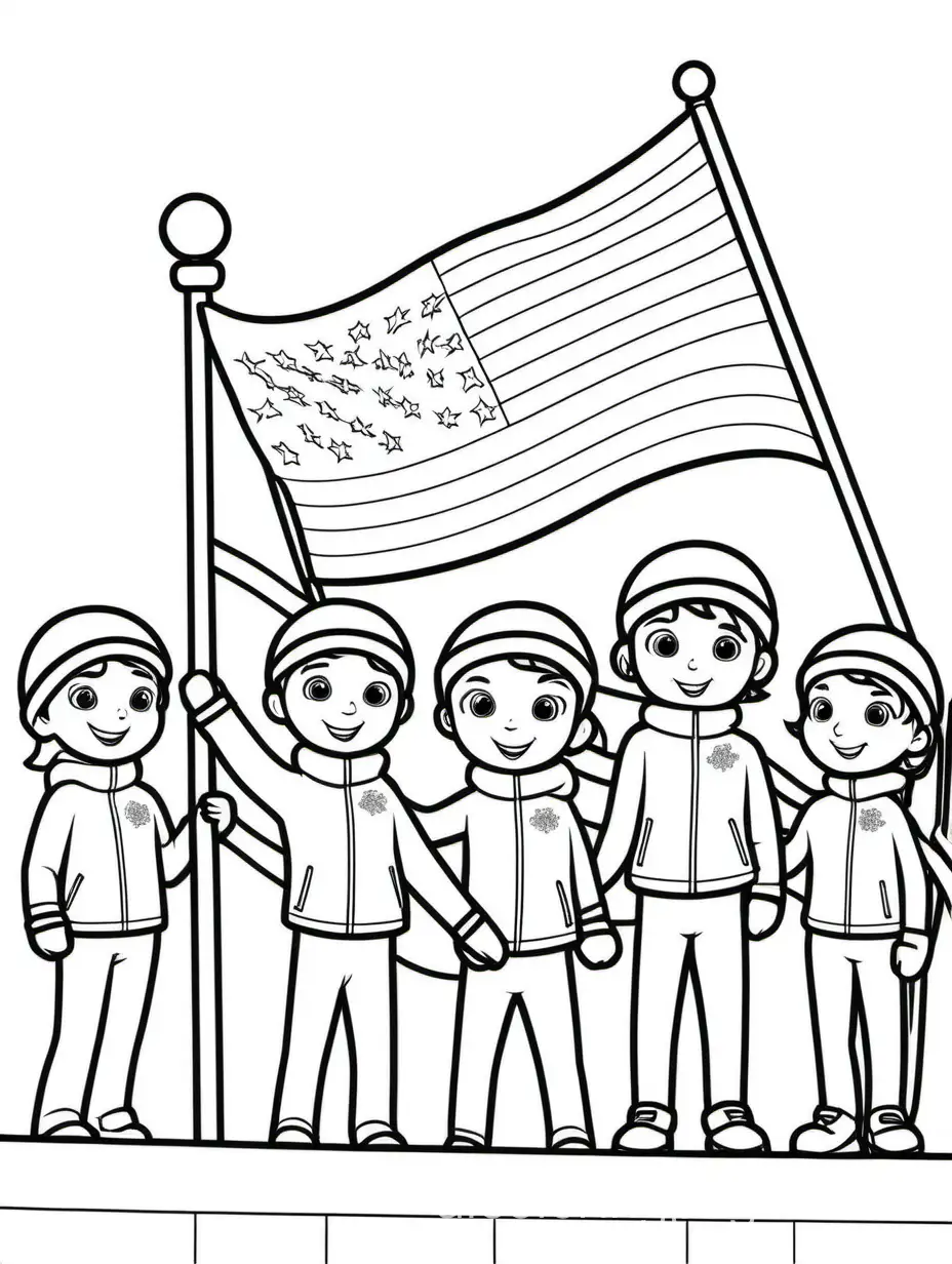 Winter Olympic flag raising ceremony.
, Coloring Page, black and white, line art, white background, Simplicity, Ample White Space. The background of the coloring page is plain white to make it easy for young children to color within the lines. The outlines of all the subjects are easy to distinguish, making it simple for kids to color without too much difficulty
