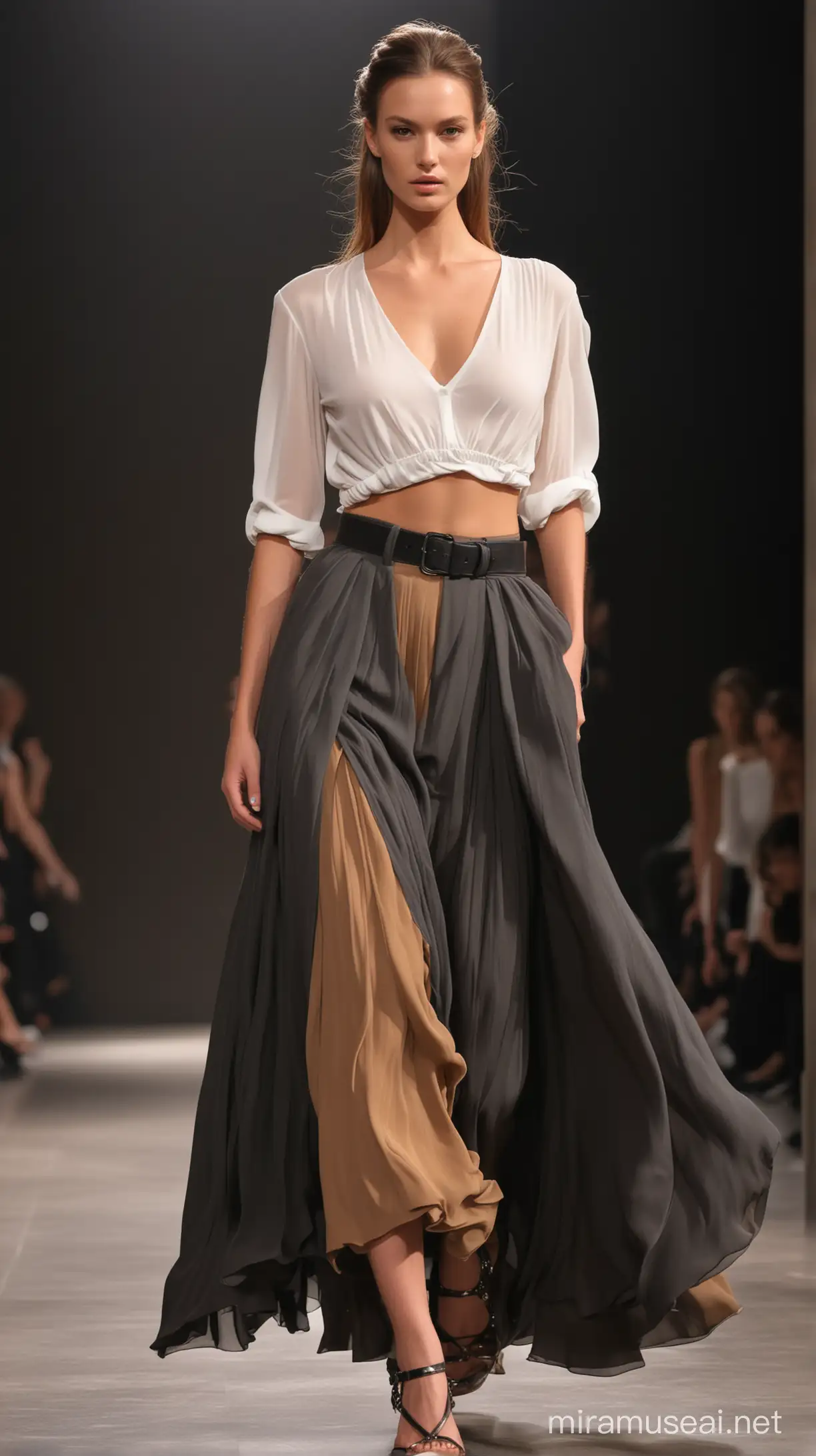 Stunning supermodel runway motion for Montelago brand, front angle, wearing white top and very long flowy, 2 colors(camel and black charcoal) chiffon skirt, hands in the pockets , hyper-realistic, Alexander McQueen style