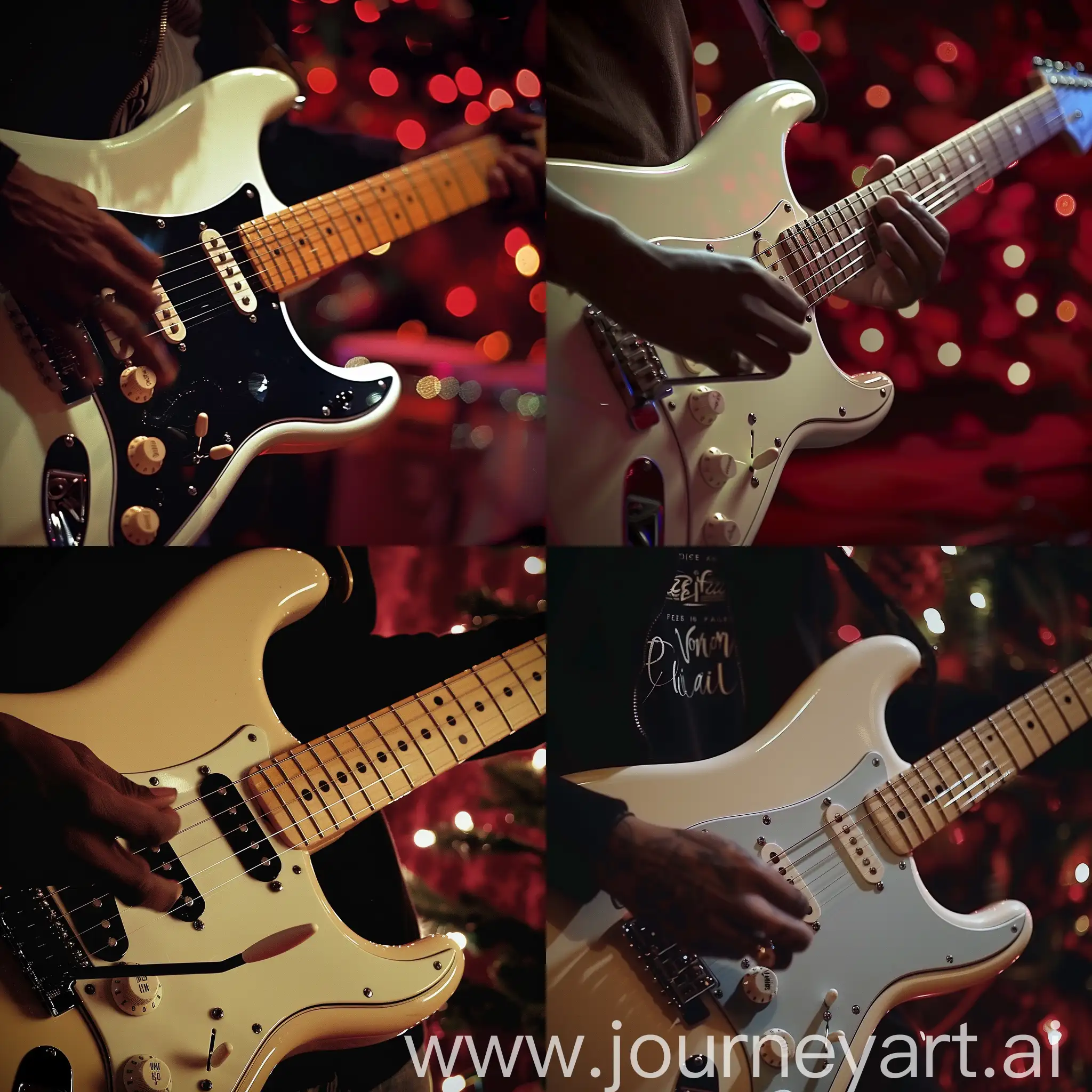 Fender guitar store front retail shows a white  electric guitar in the position of playing , a  black hand only is playing on the strings , another hand is holding the fret ,  the back ground is dark red with romantic lights 