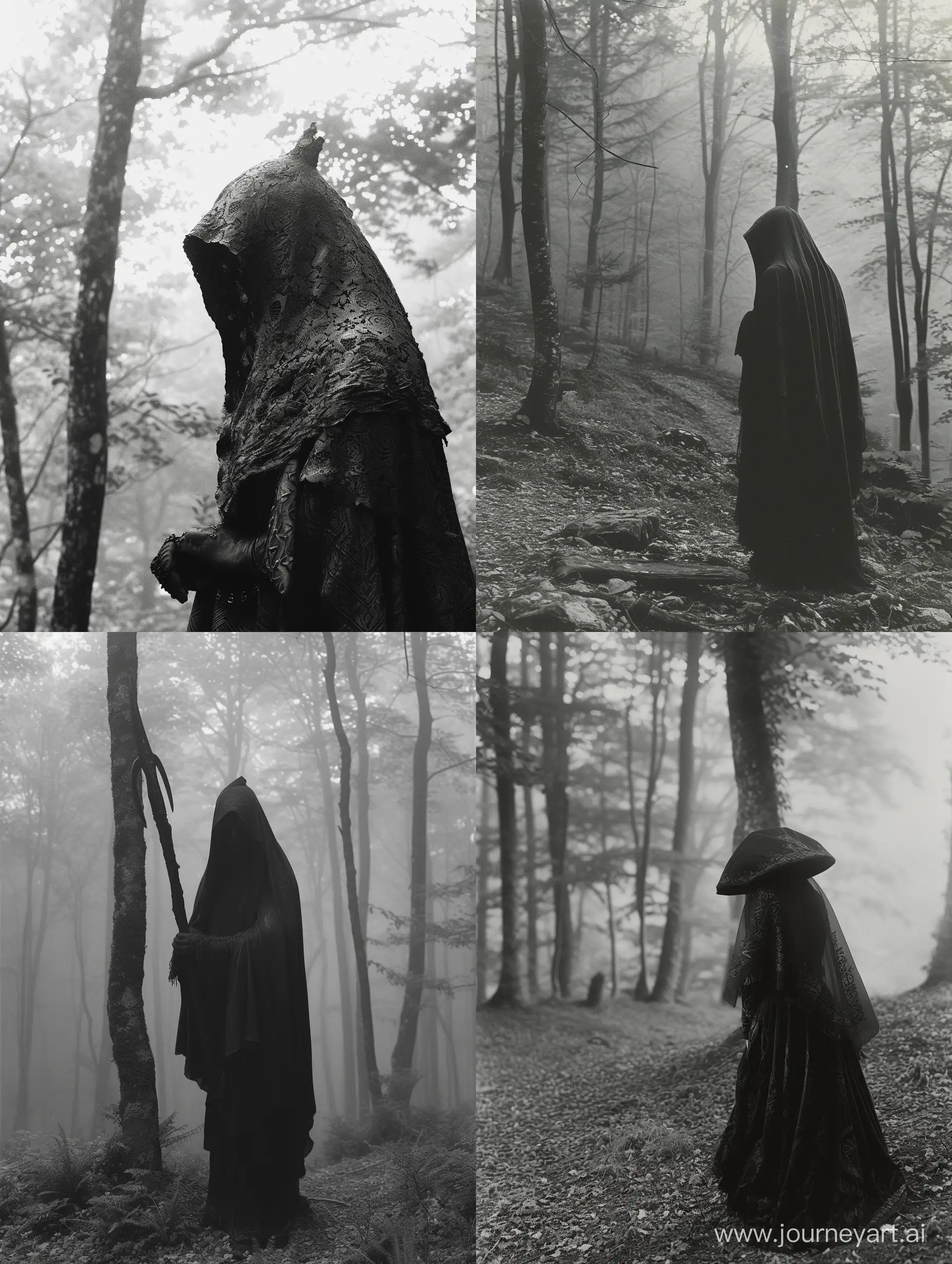 Grayscale image of the  The Veiled Oracle, foggy forest, attention to detail, pagan horror, dark aesthetic, taken on provia