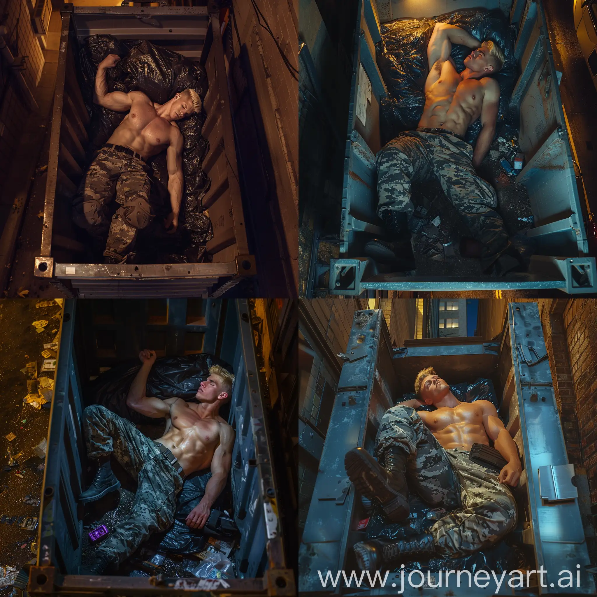 Cinematic lighting, realistic, view from above, a handsome soldier lying inside a dumpster, good looking fit shirtless male young soldier wearing military camouflage pants, handsome soldier with blond hair, wearing camouflage pants, lying inside a dumpster, sleeping inside a trash dumpster, alley background at night, and wearing black boots, wearing black military boots