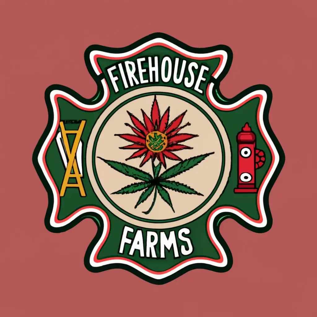 logo, Firehouse Patch Maltese Cross with cannabis flower, with the text "FIREHOUSE FARMS", typography