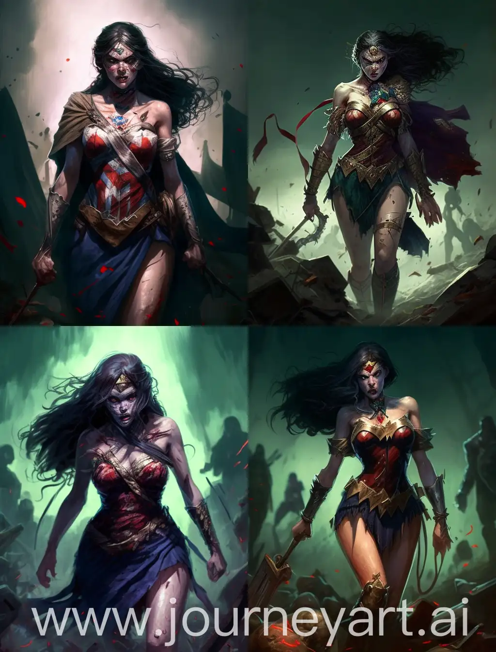 Zombified-Wonder-Woman-in-Tattered-Attire-Struggles-Amidst-the-Undead-Horde