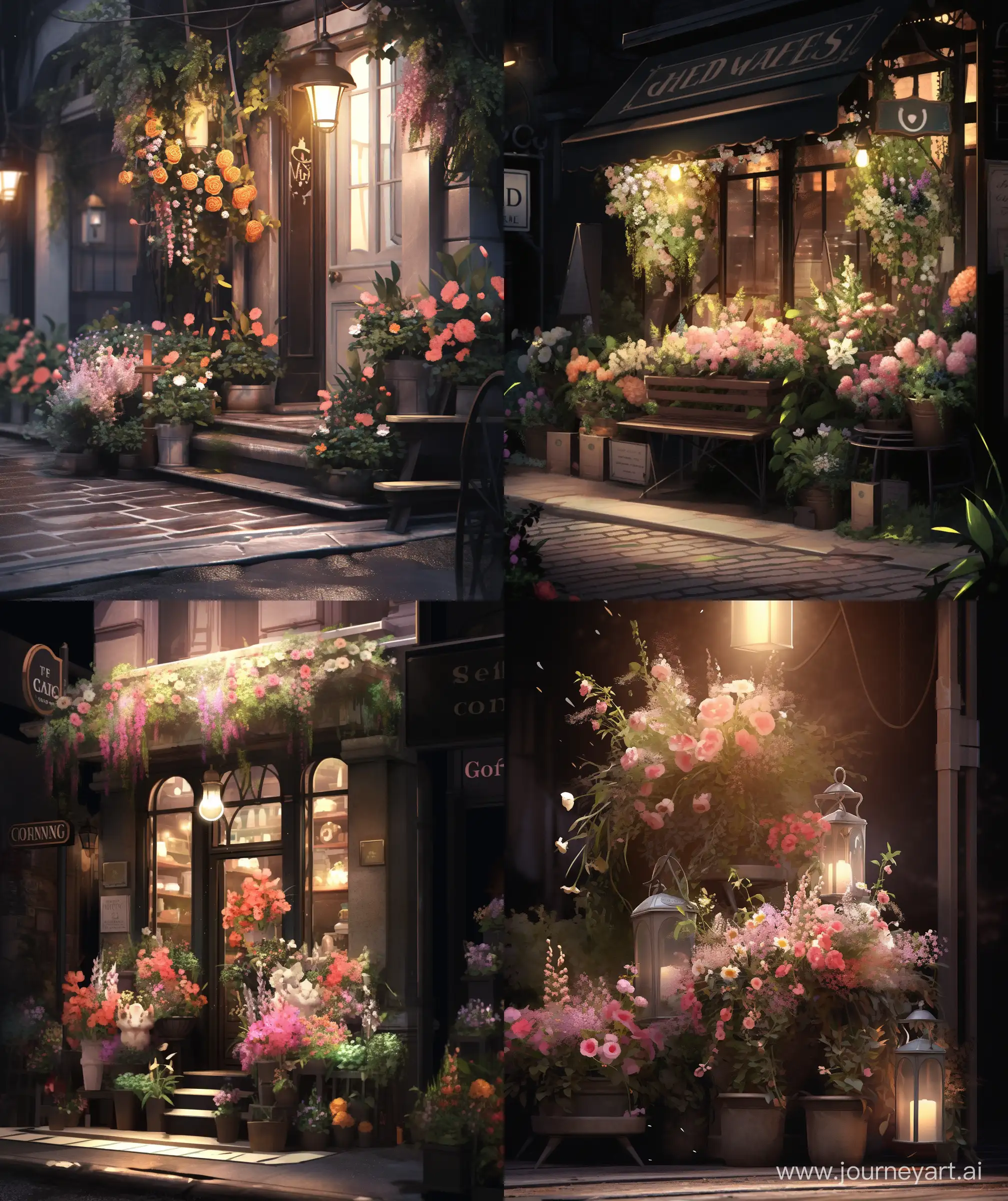 Beautiful floral marketing, flowers, dark and laminating evening time, stone pavement, wall lamp, lamp post, street decorate with flowers, aesthetic sign board, ultra hd, --ar 27:32 --niji 5 