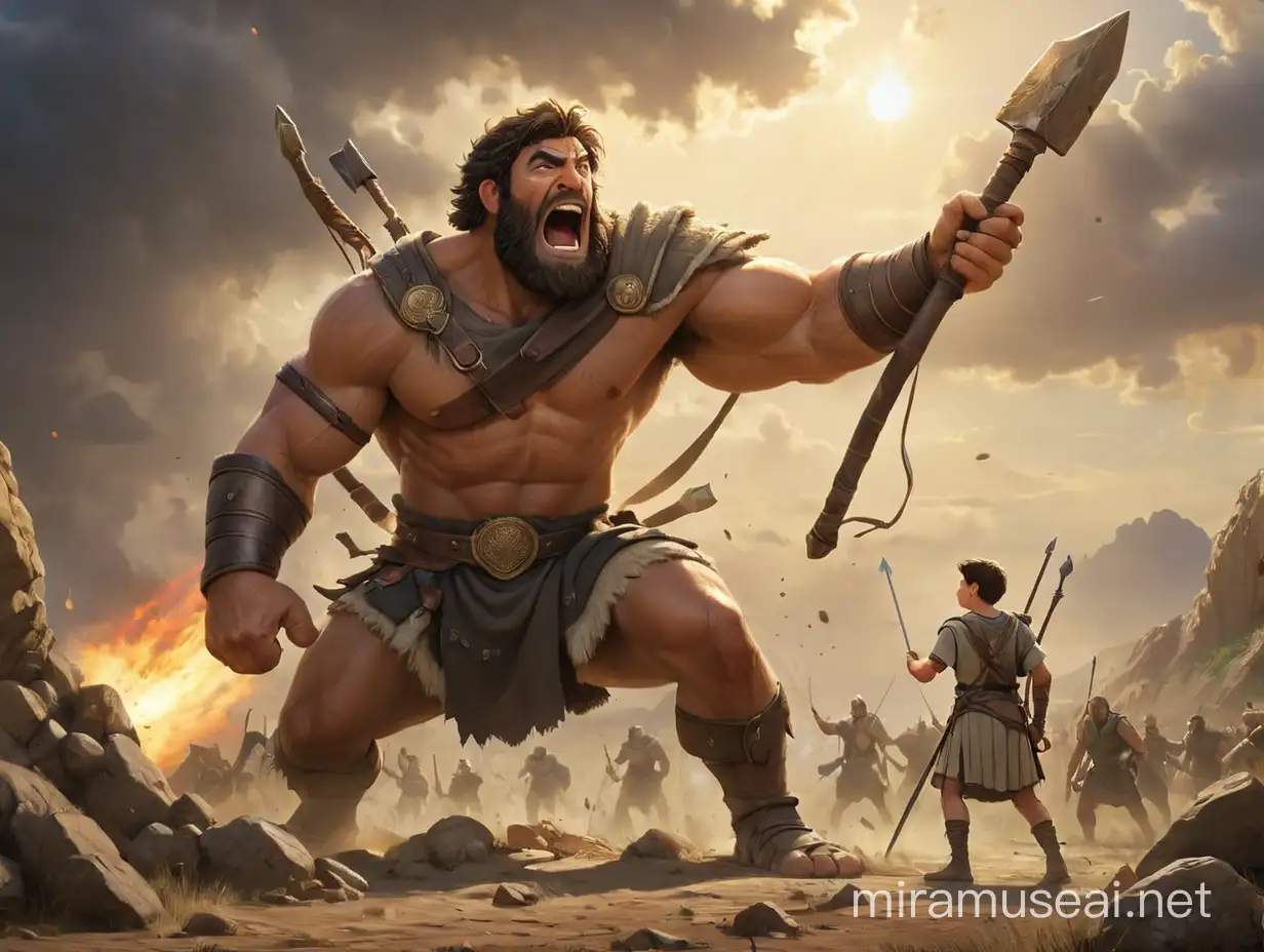 Create an evocative image depicting the iconic moment from 1 Samuel 17 where David, a young shepherd, confronts the giant Goliath on the battlefield. Capture the tension and contrast between the towering, armored Goliath and the determined, humble David with his slingshot. Use lighting and composition to convey the biblical narrative's essence, highlighting themes of courage, faith, and the triumph of the underdog